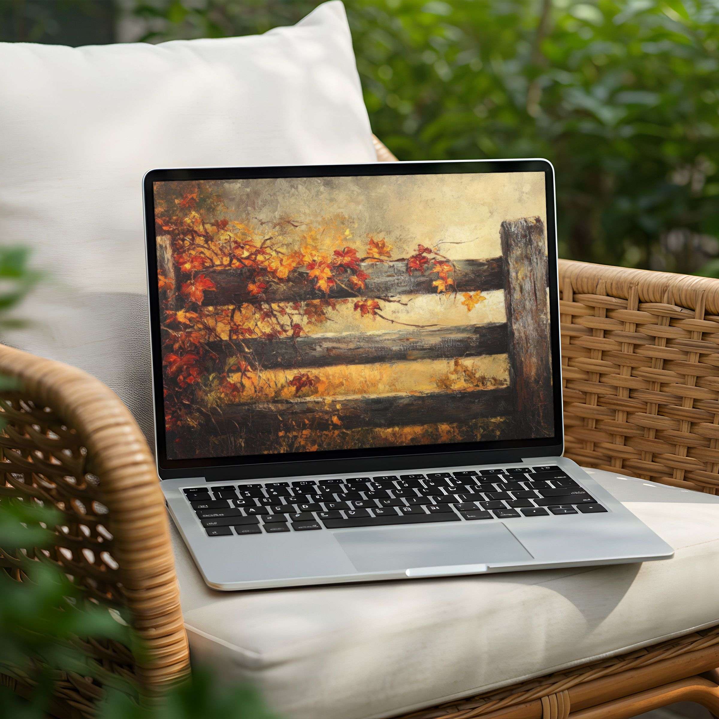 Elegant autumn landscape desktop background showcasing warm tones on a laptop for instant download inspiring calm PC aesthetics