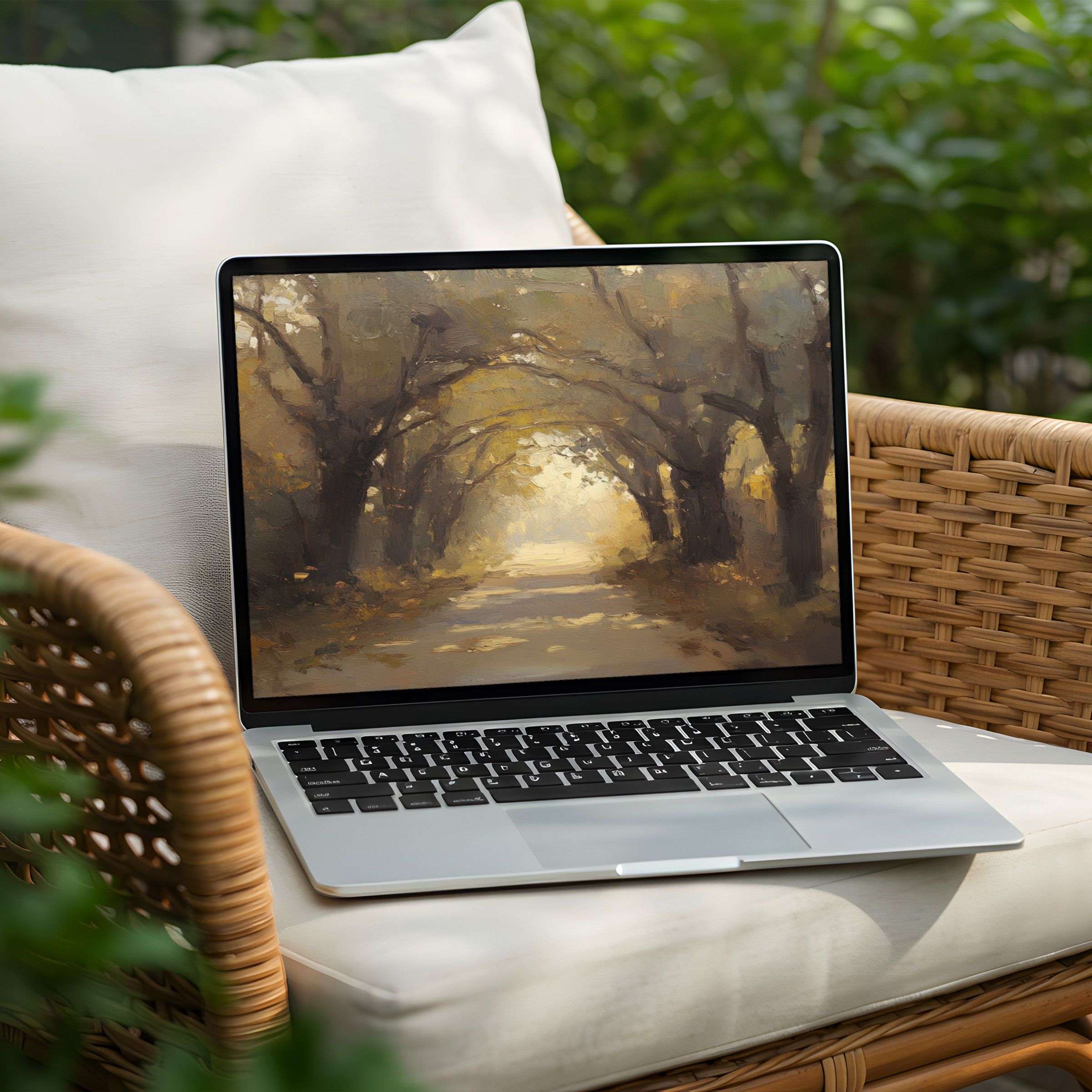 Serene forest path desktop background for PC or laptop instant download inspiring calm with earthy tones and elegant textures