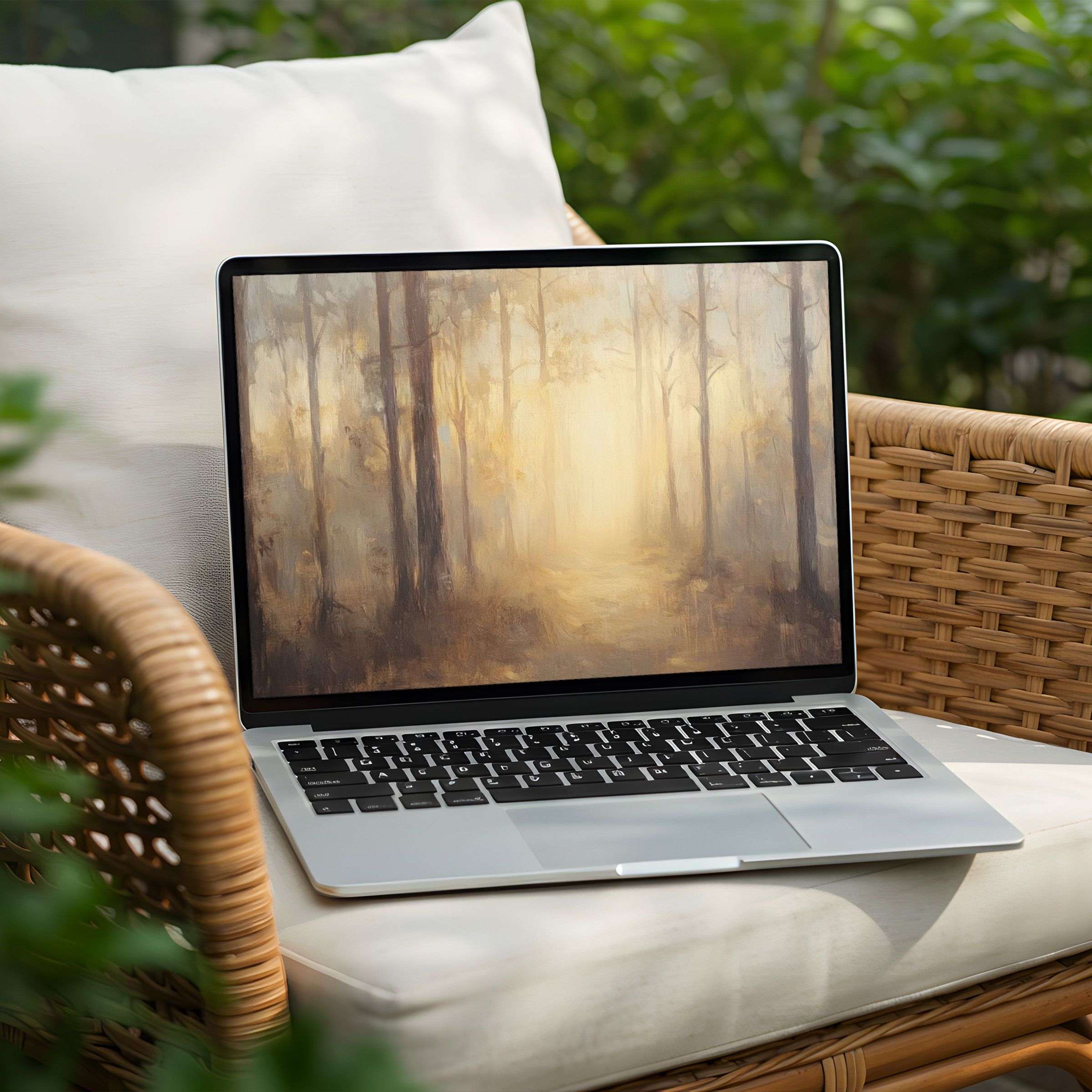 Elegant forest-themed desktop background for PC or Laptop instant download evokes calmness and mindfulness through serene earthy tones