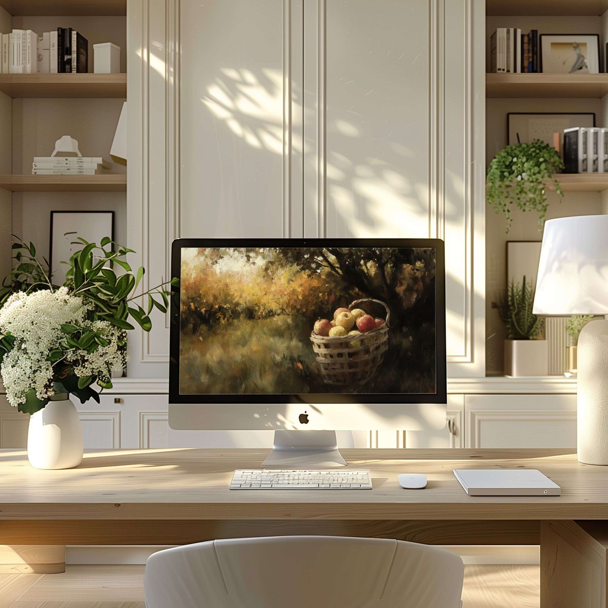 Inspiring wallpaper for computer with autumn apples in a serene basket, perfect for PC and Laptop in elegant modern home office