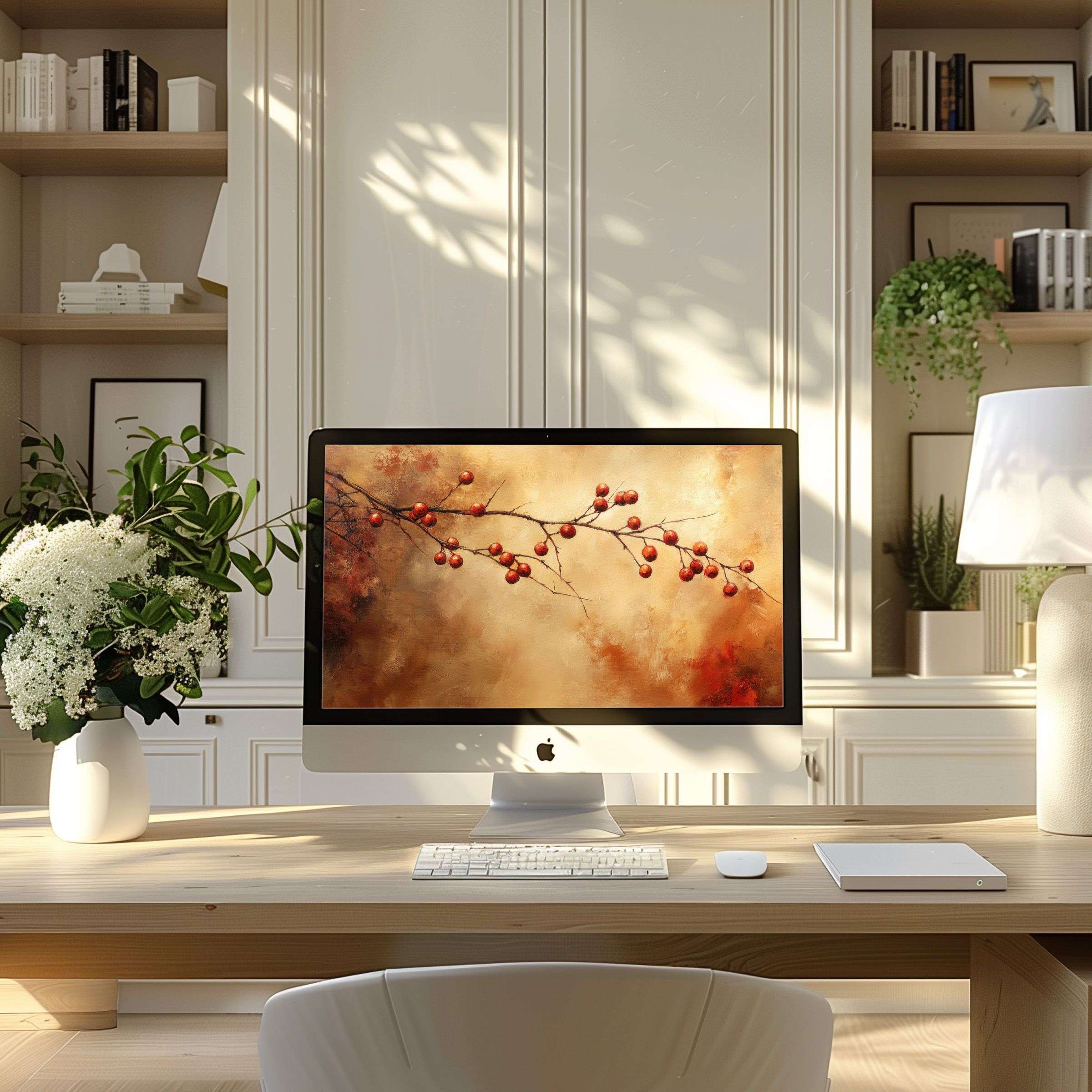 Elegant red berry branch design on warm-toned backdrop, perfect wallpaper for computer, PC, and Laptop in serene home office