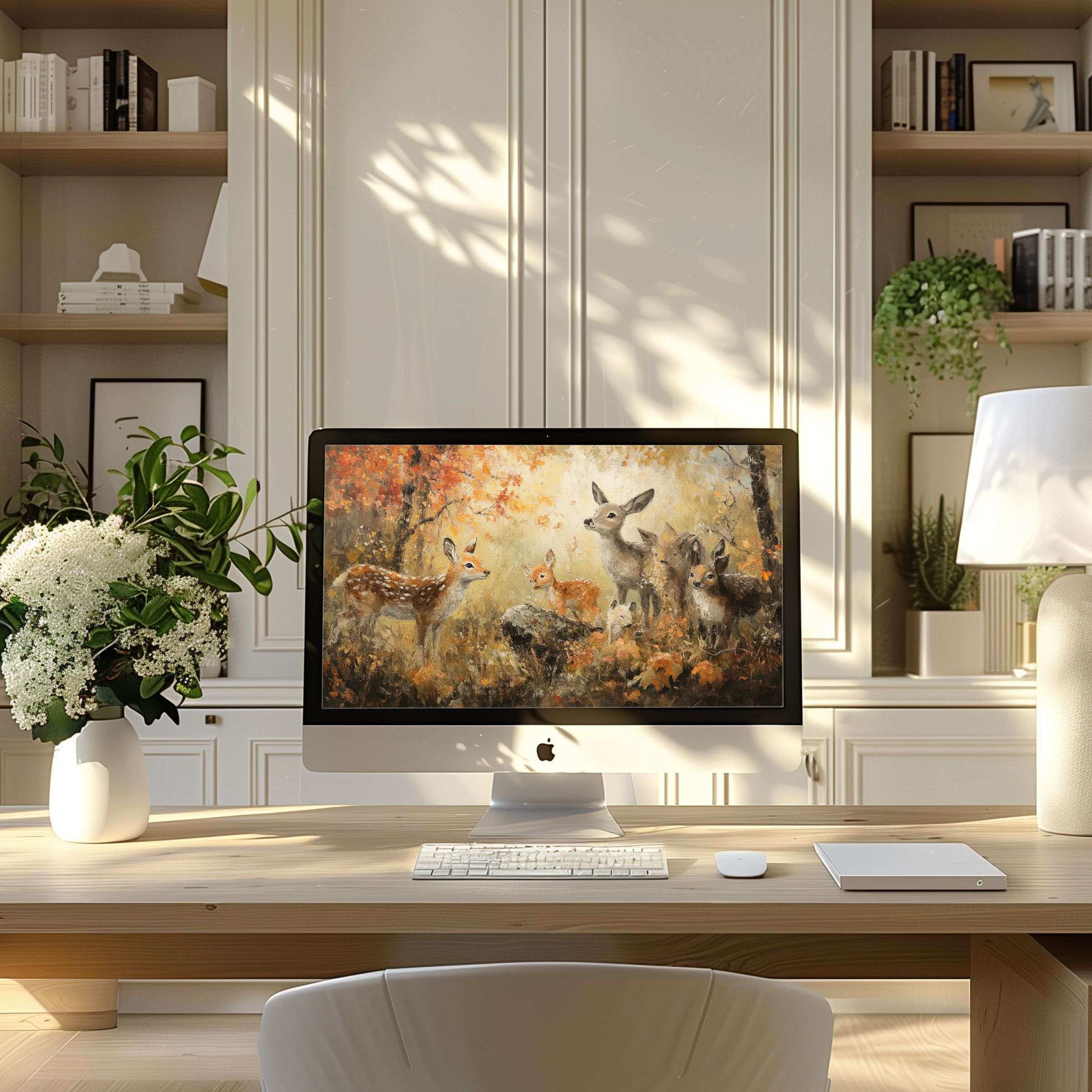 Elegant digital deer art wallpaper for computer on PC and Laptop, enhancing calm and inspiration in modern home office settings