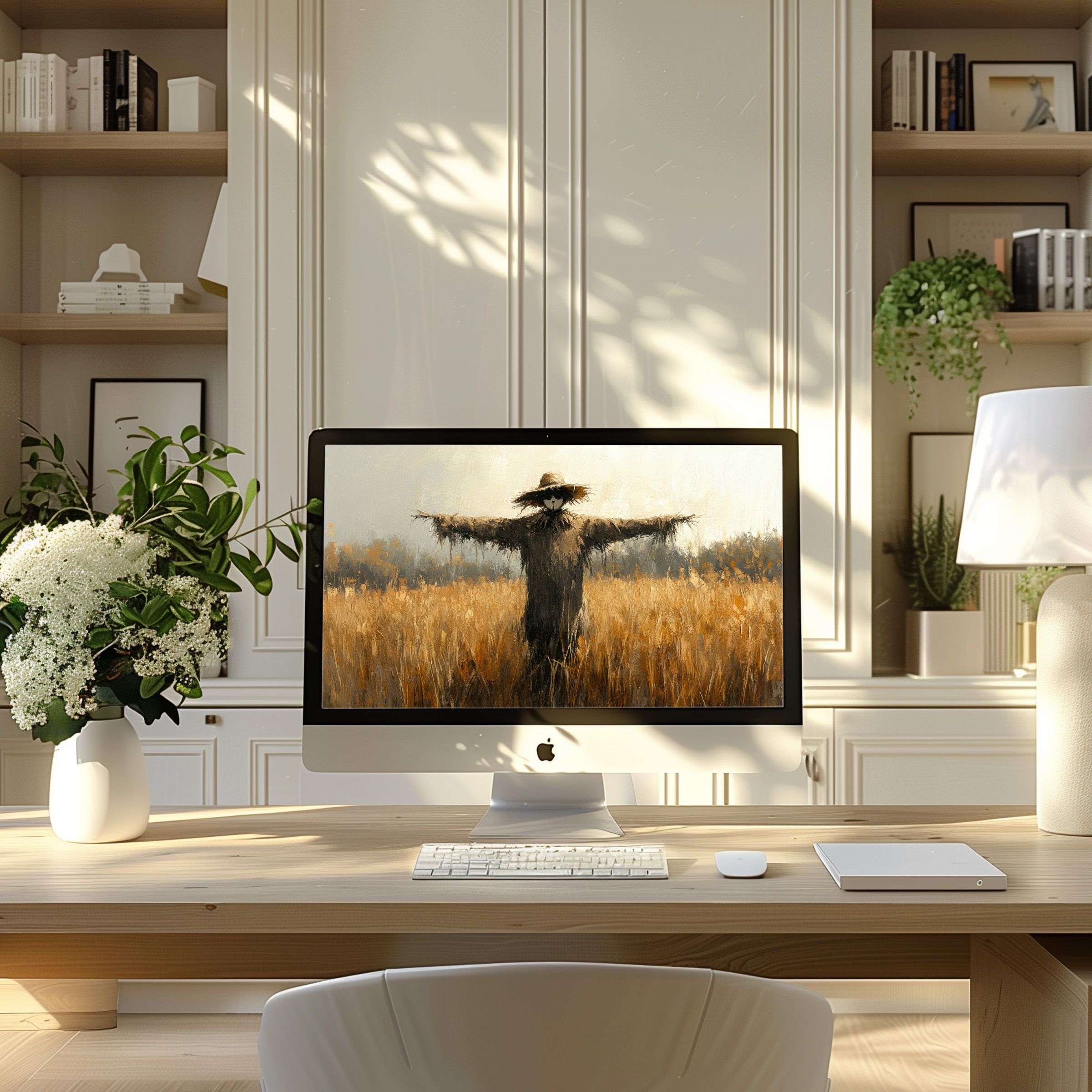Inspiring wallpaper for computer showing a serene field and scarecrow on PC in elegant modern home office for laptop use