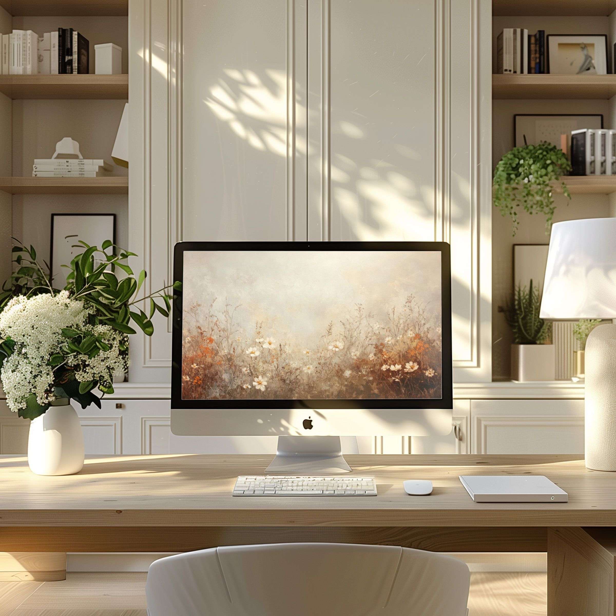 Elegant floral digital wallpaper for computer enhances modern home office, inspiring calm on PC and laptop screens, perfect fit