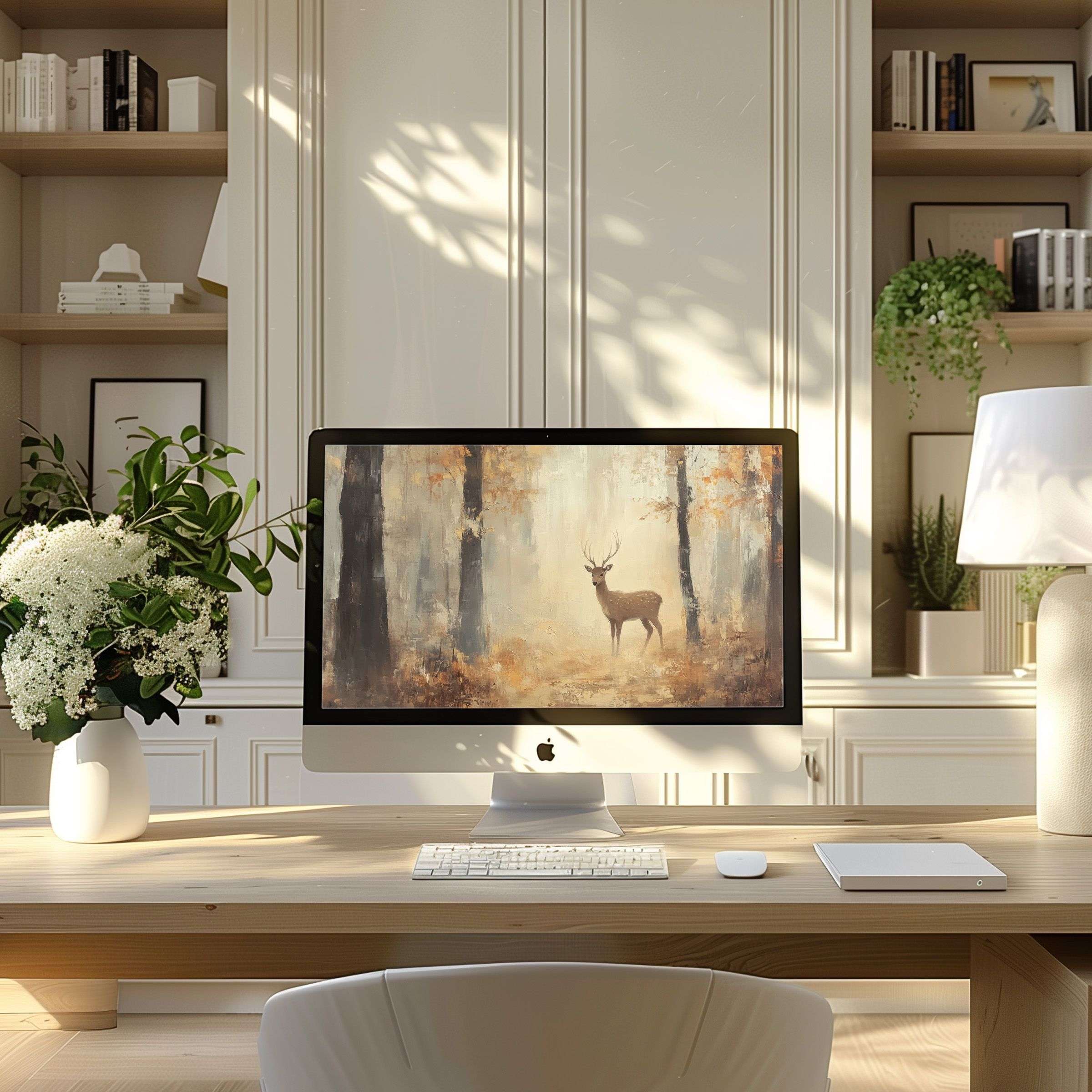 Elegant forest deer artwork brings inspiration to your modern home office, perfect wallpaper for computer, PC, and Laptop download