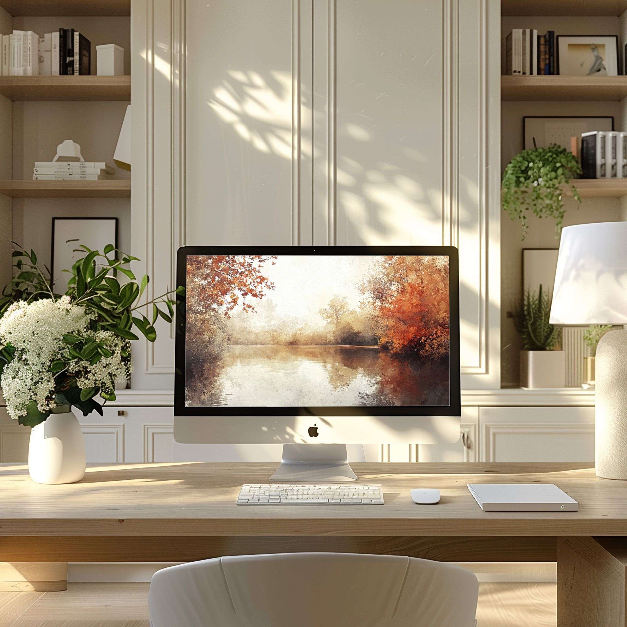 Serene autumn landscape wallpaper for computer enhancing your modern home office, ideal for PC, laptop, ultrawide digital download