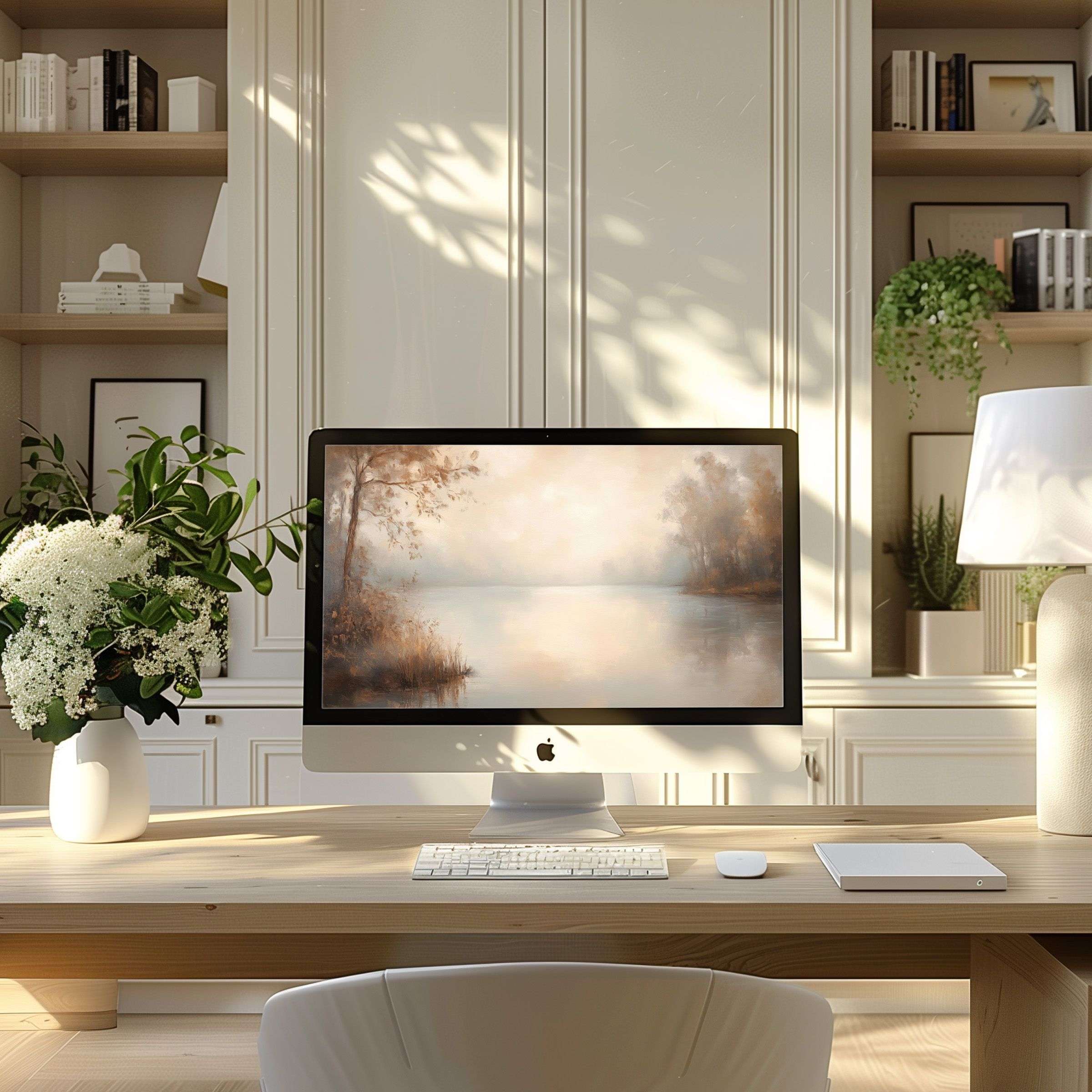 Elegant landscape wallpaper for computer creates a calming vibe in a modern home office, fitting PC and Laptop screens beautifully