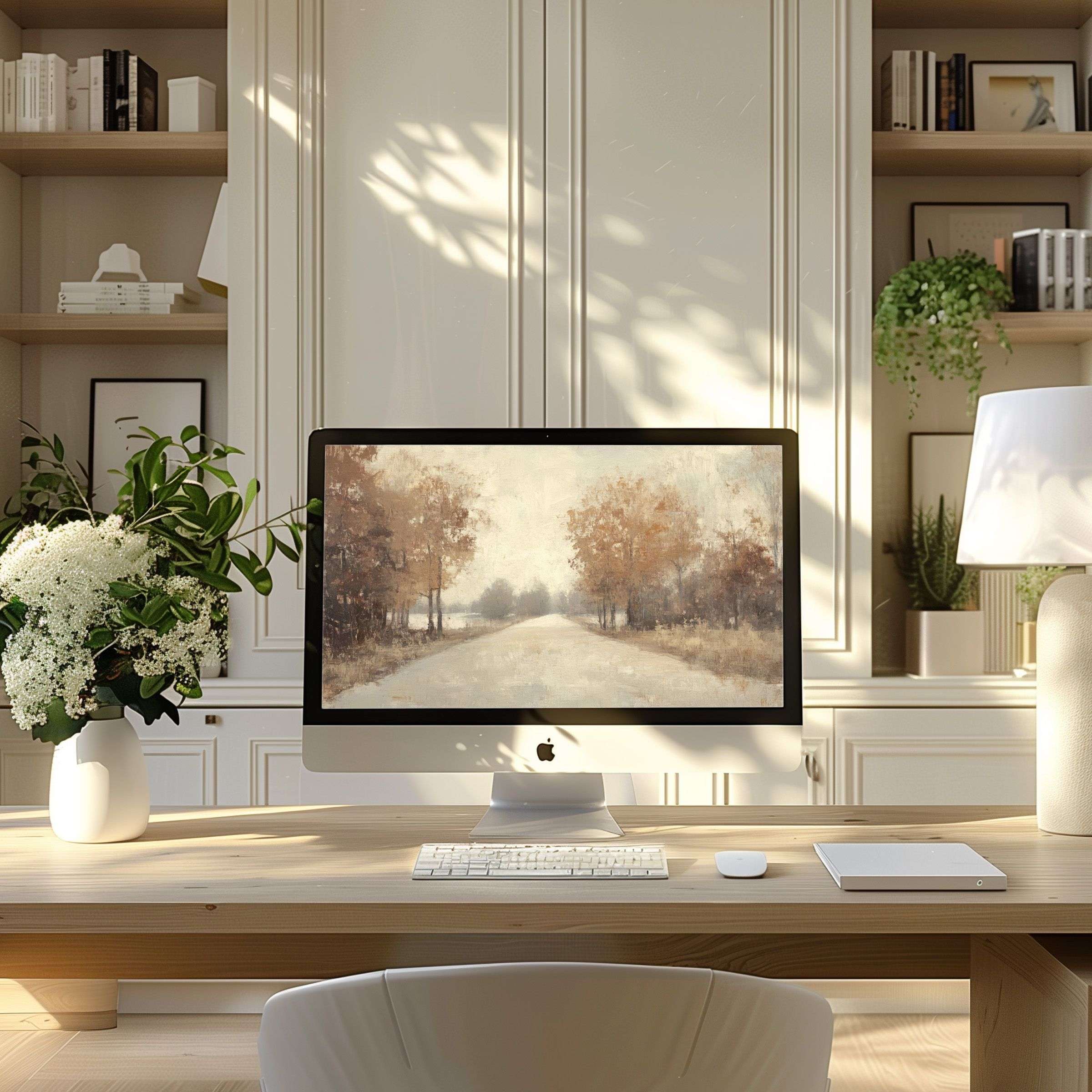 Elegant autumn scene wallpaper for computer provides calm inspiration in a modern home office setup, fit for PC and laptop use