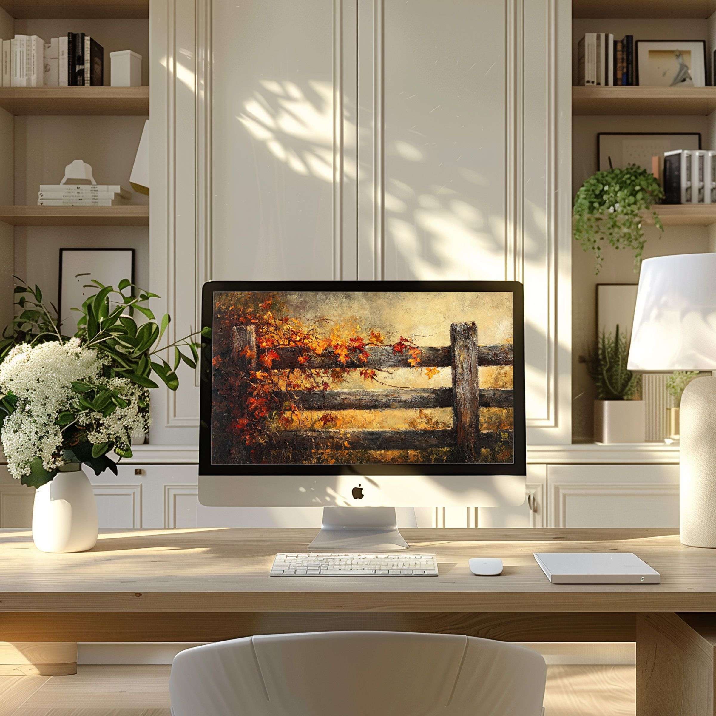 Elegant autumn-themed digital art wallpaper for computer elevates modern home office, perfect for PC and laptop inspiration