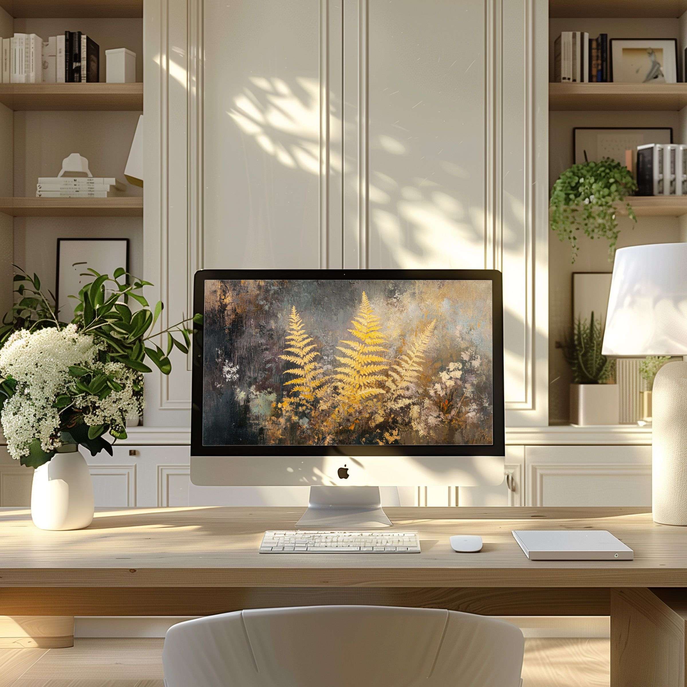 Elegant fern motif digital art offers calm and inspiration as a wallpaper for computer PC and laptop in a modern home office