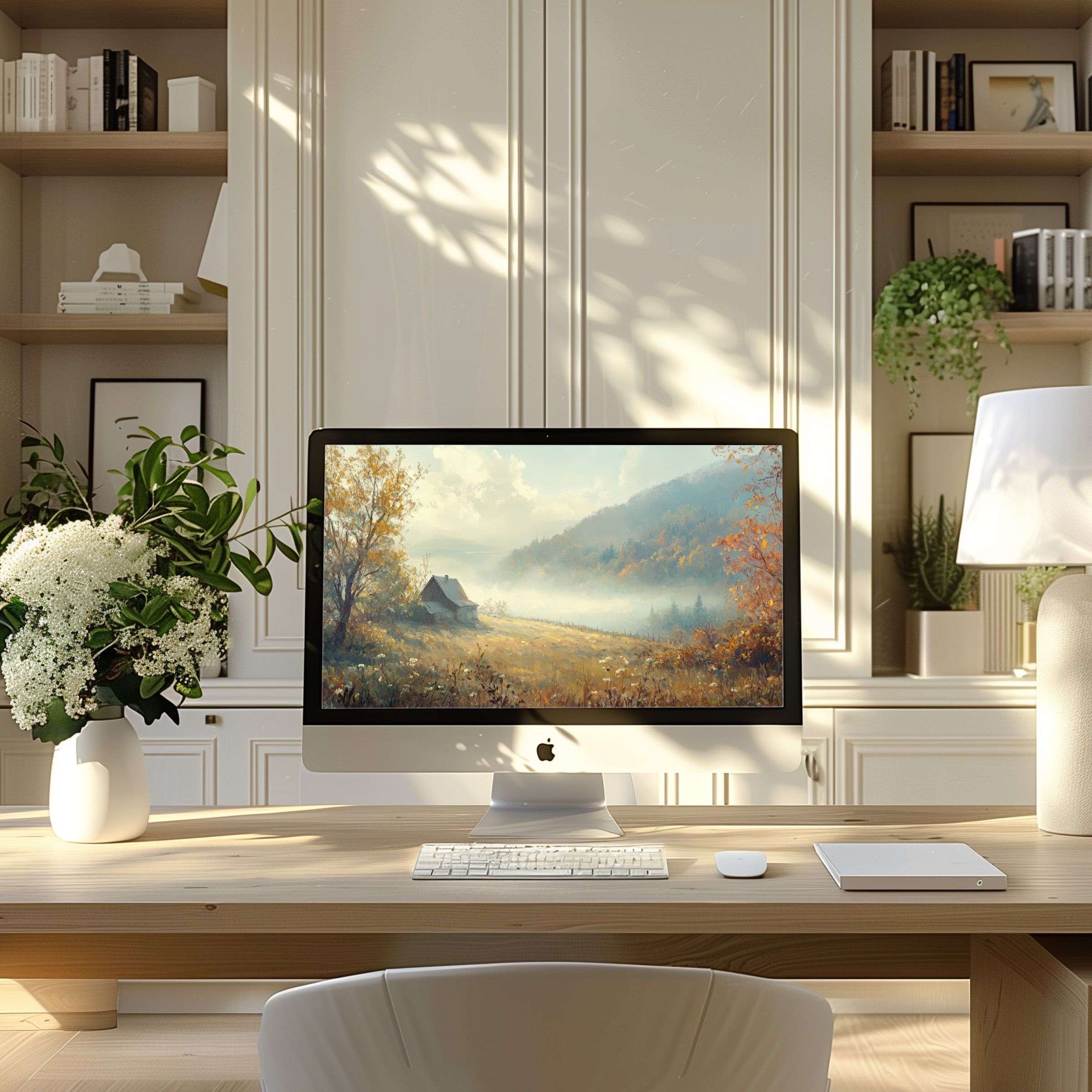 Elegant landscape wallpaper for computer inspires calm in a modern home office, perfect for PC, laptop, ultrawide screens