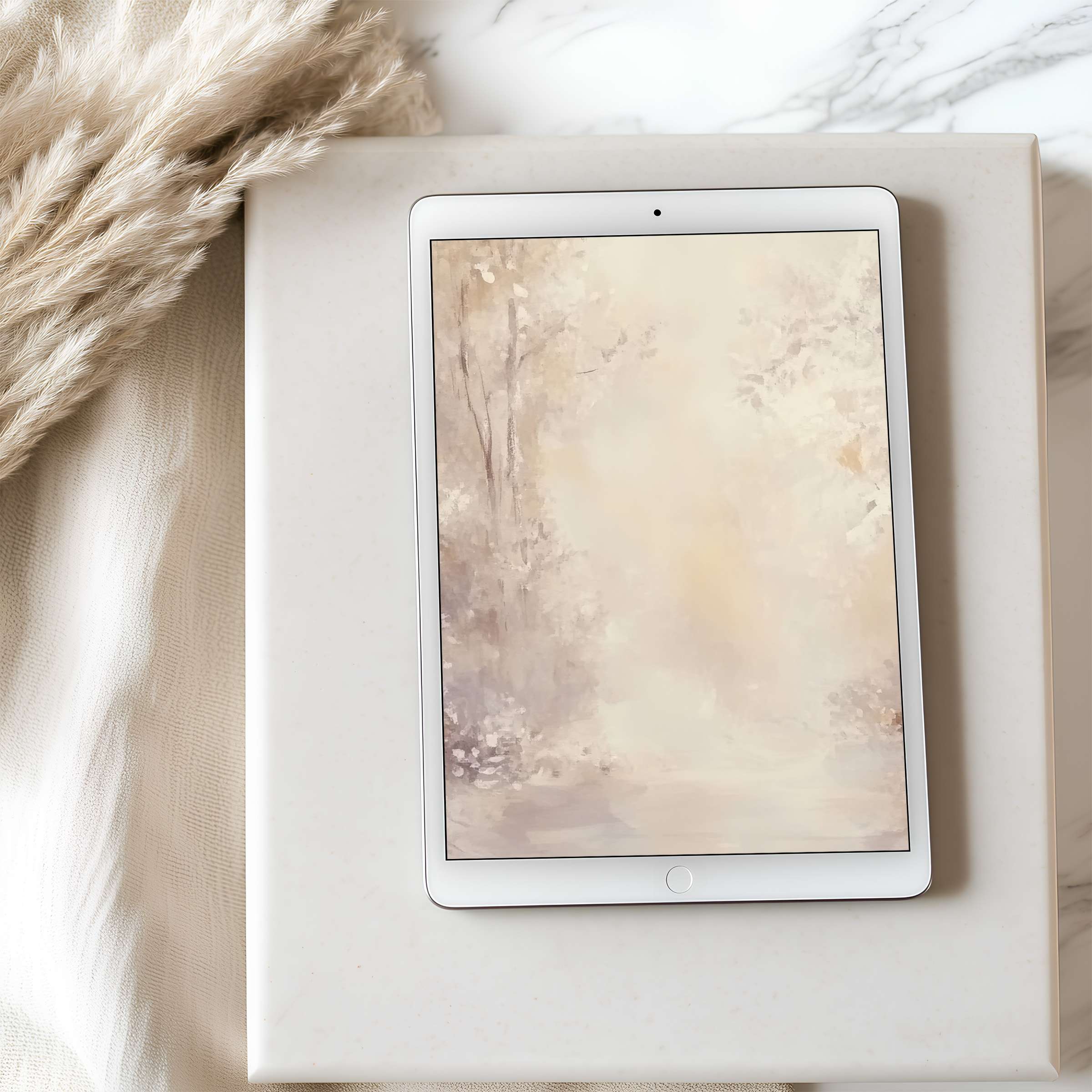 Tranquil forest scene tablet wallpaper in soft beige tones offers a calming digital download for high-resolution iPad and Android devices