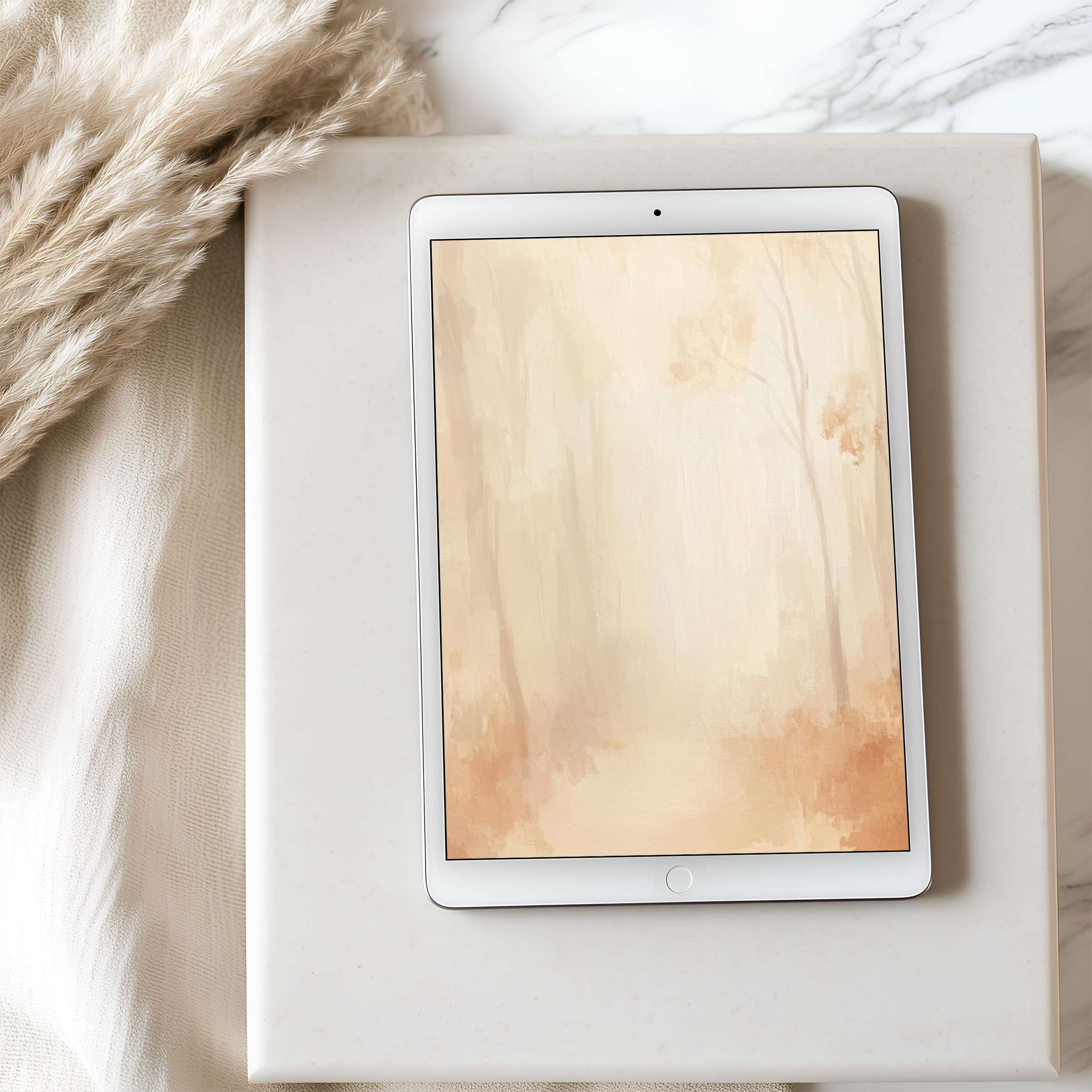 Elegant abstract landscape tablet wallpaper in soft beige tones, enhancing relaxation and style, ideal for high-resolution iPads and Androids