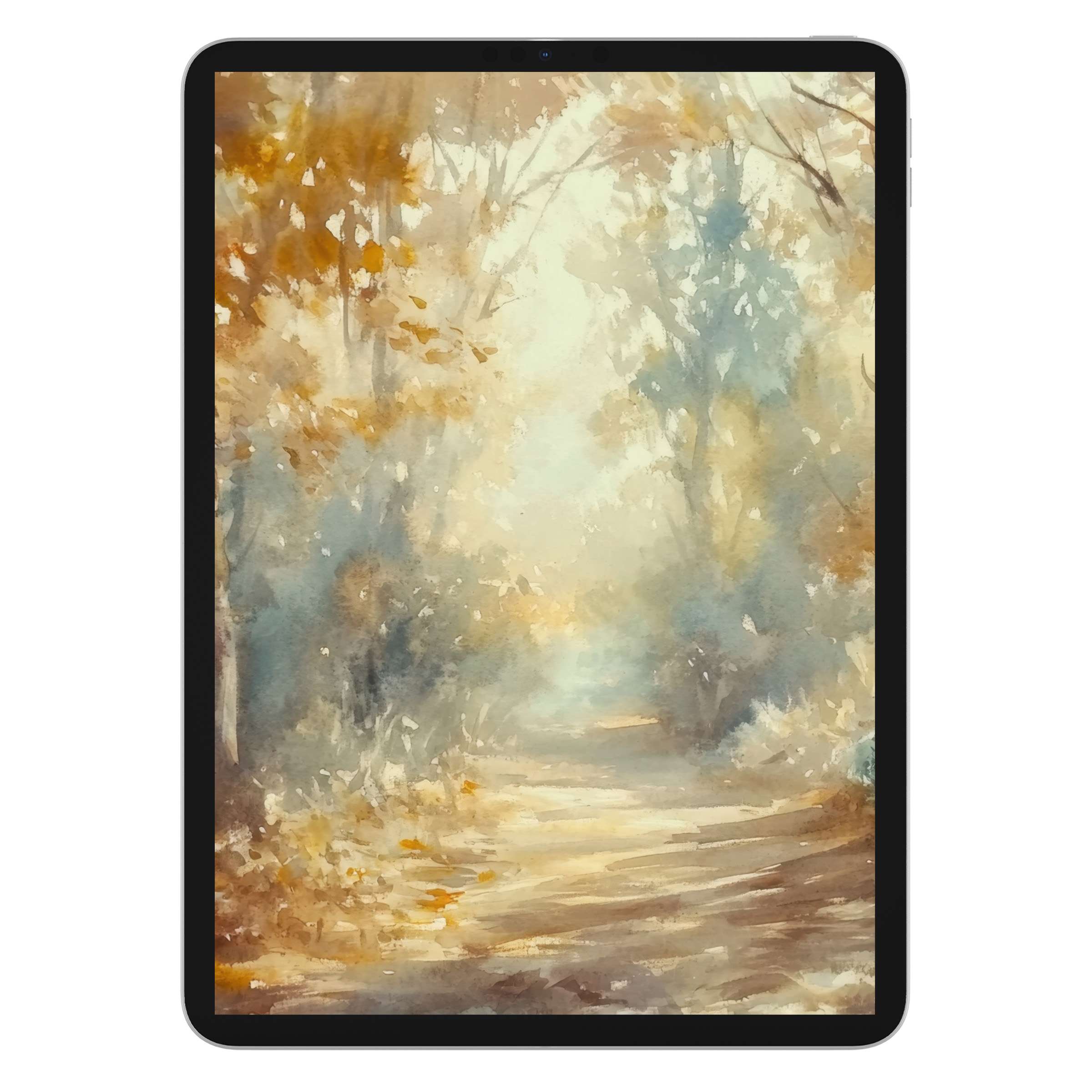 Elegant fall iPad wallpaper featuring a dreamy watercolor forest background, perfect digital download for iPad, Samsung, and Android tablets