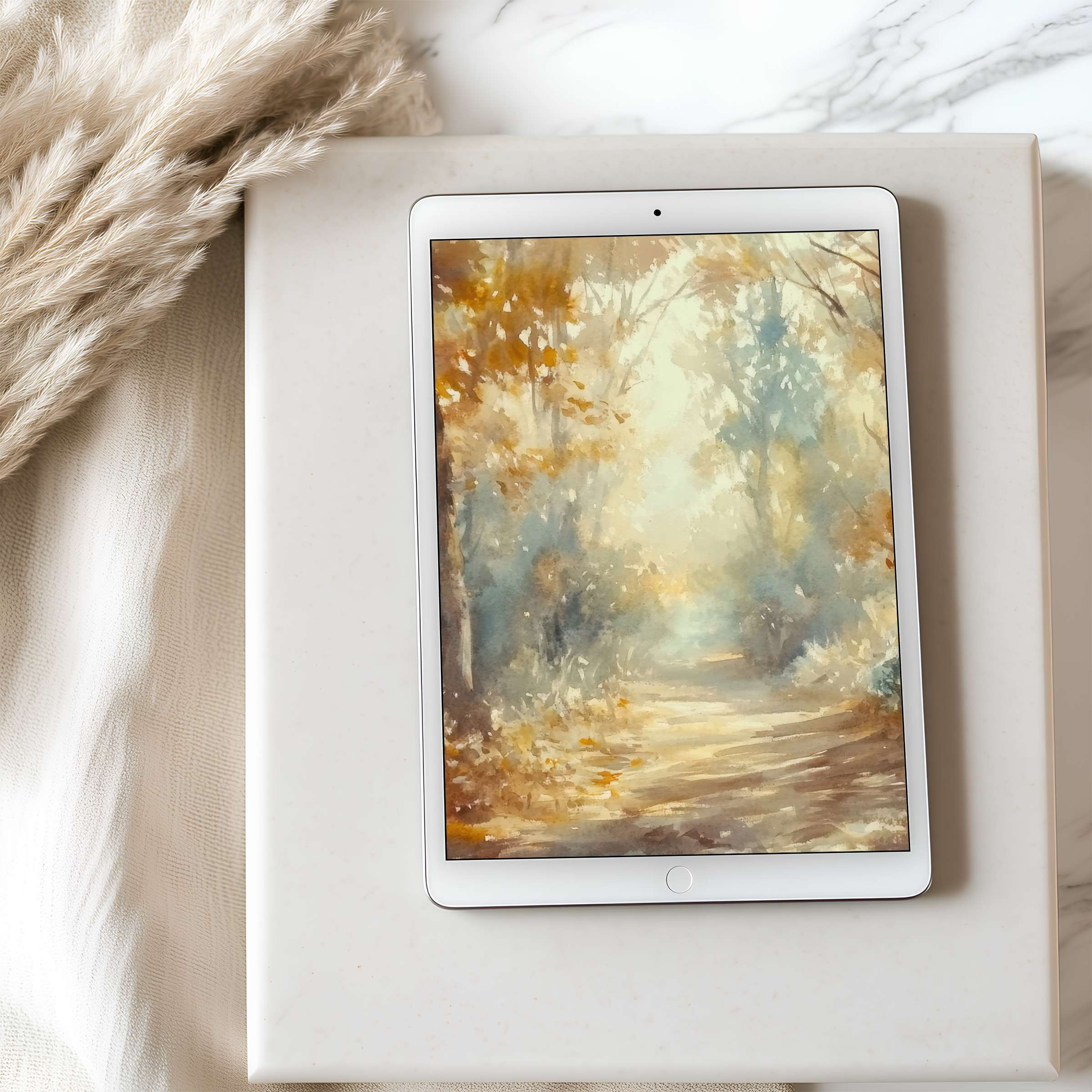 Elegant tablet wallpaper featuring a serene autumn forest scene in soft hues, perfect for iPad, offering calm and aesthetic appeal