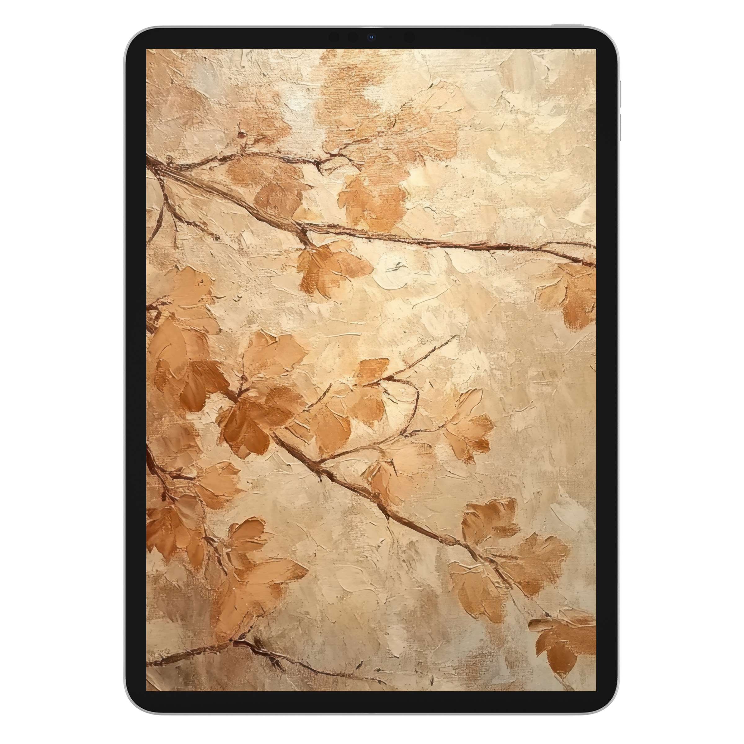 Elegant fall iPad wallpaper with soft, earthy tones of autumn leaves, perfect digital download for tablet background tranquility