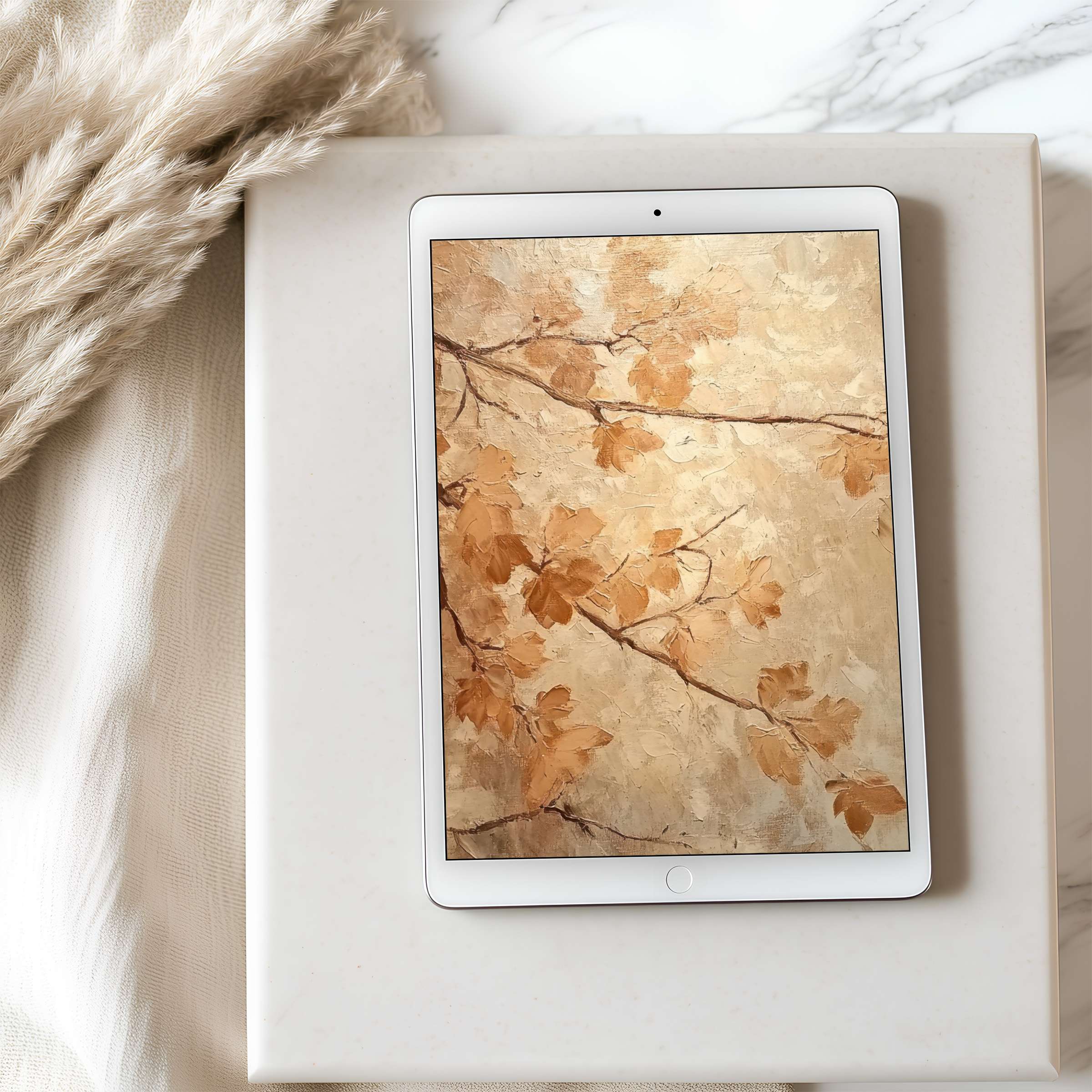 Elegant autumn foliage art tablet wallpaper for high resolution iPad, offering calming aesthetics for any digital download ambiance