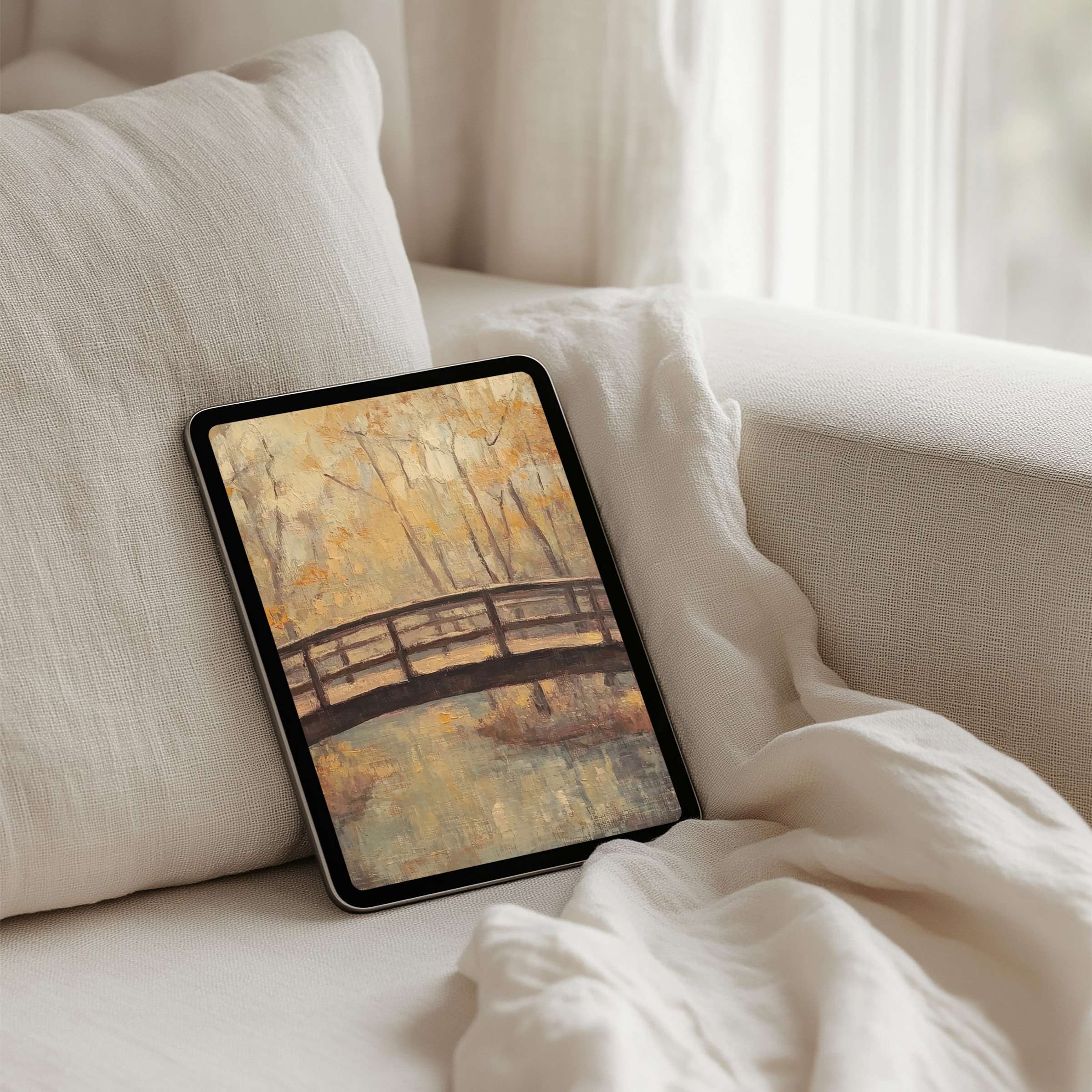 Elegant iPad background with serene autumn bridge art offers instant download for tablet lovers seeking calm inspiration
