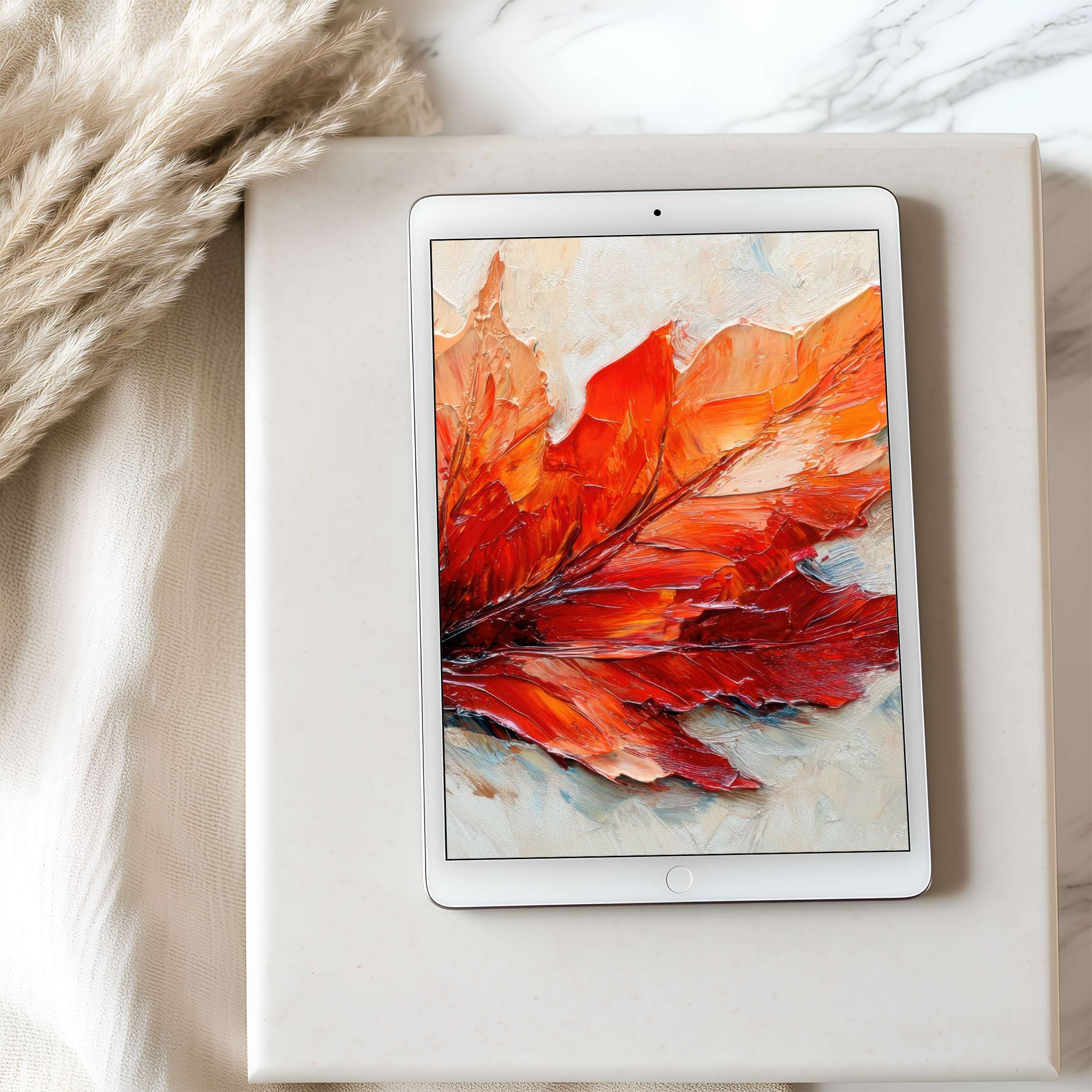 Vibrant red leaf abstract tablet wallpaper in high resolution, elegantly enhances your iPad or Android tablet, digital download