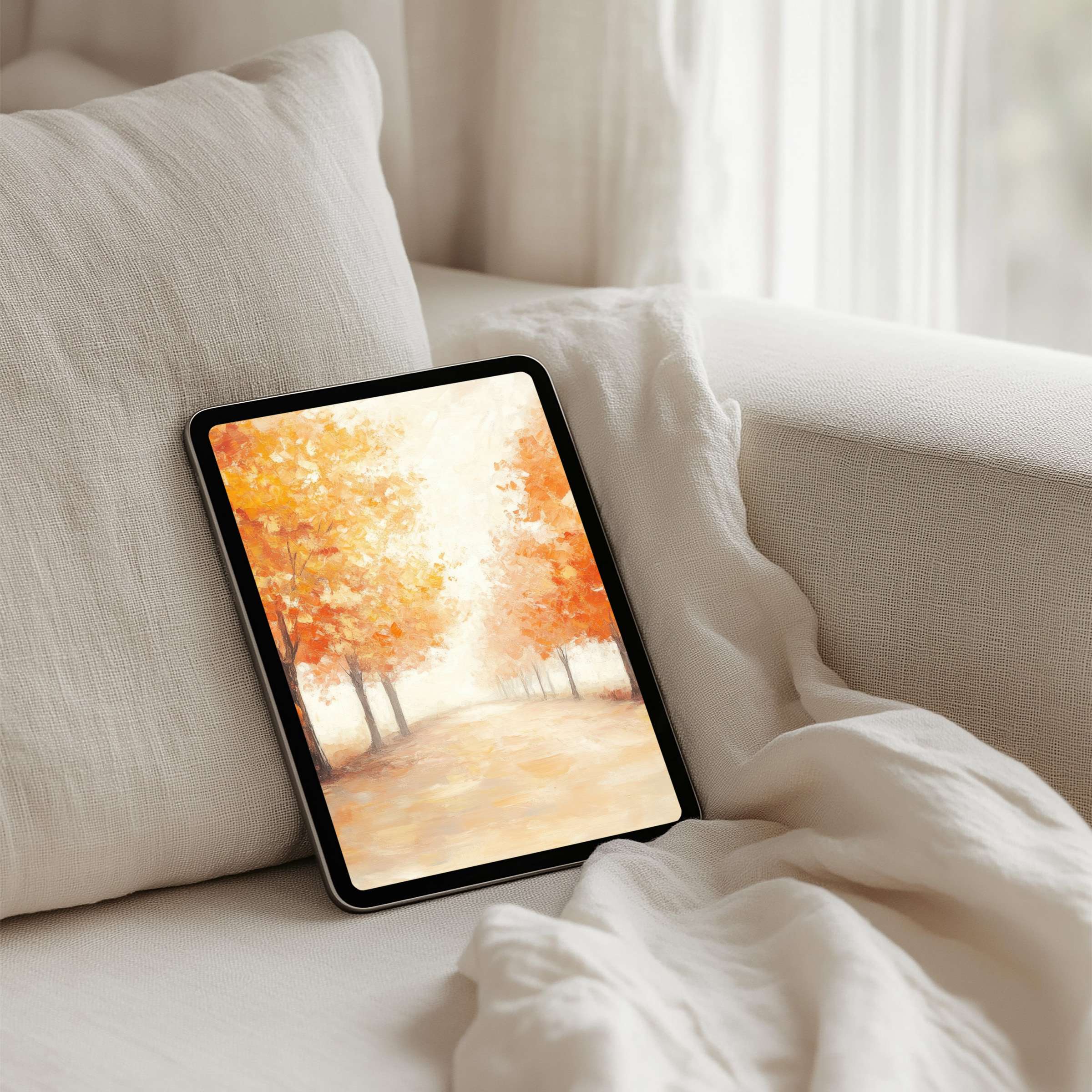 Elegant autumn scene iPad background with warm orange trees offering instant download for tablets inspiring calm mindfulness