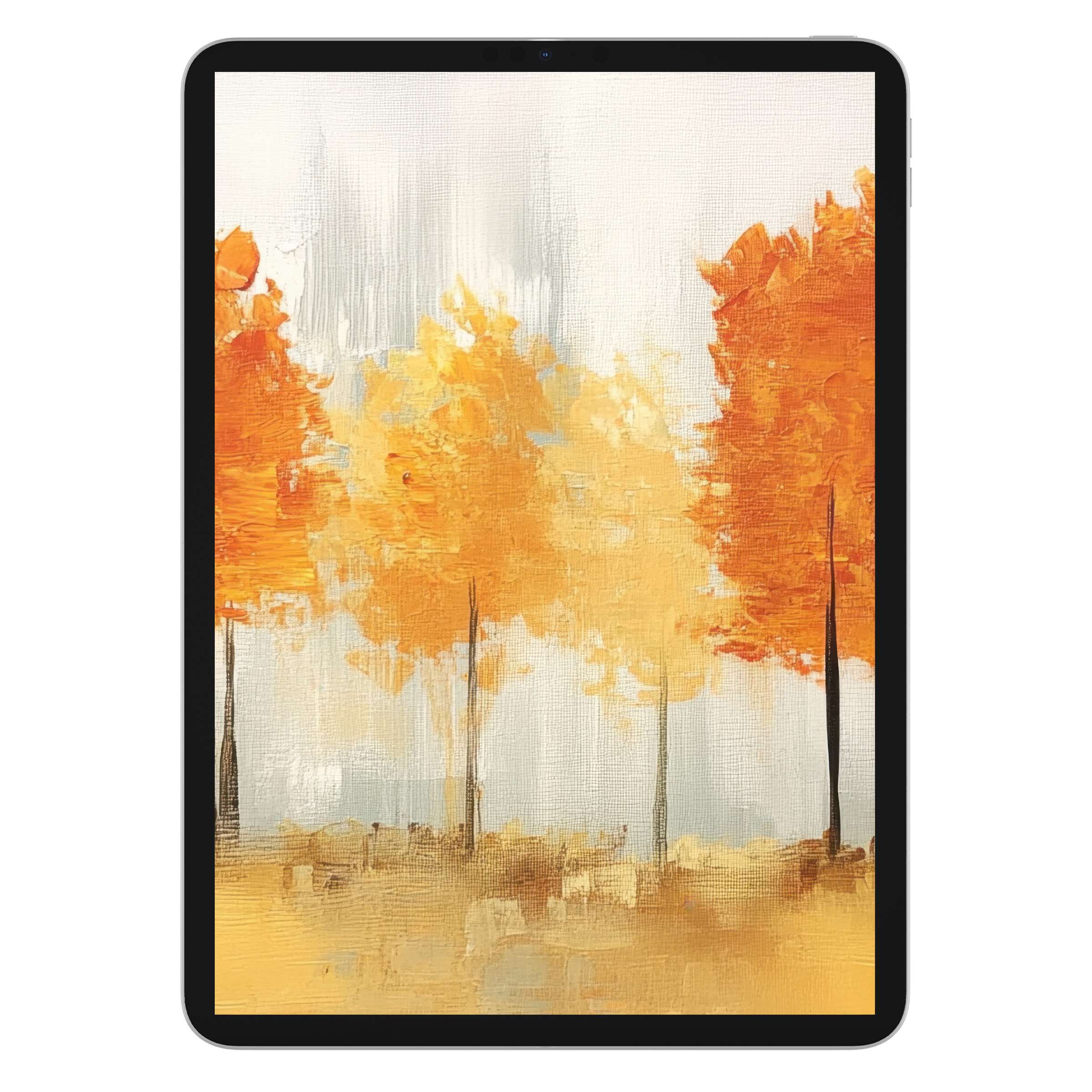 Vibrant fall iPad wallpaper with textured orange and yellow trees offers a serene digital download background for tablets, ideal for seasonal elegance