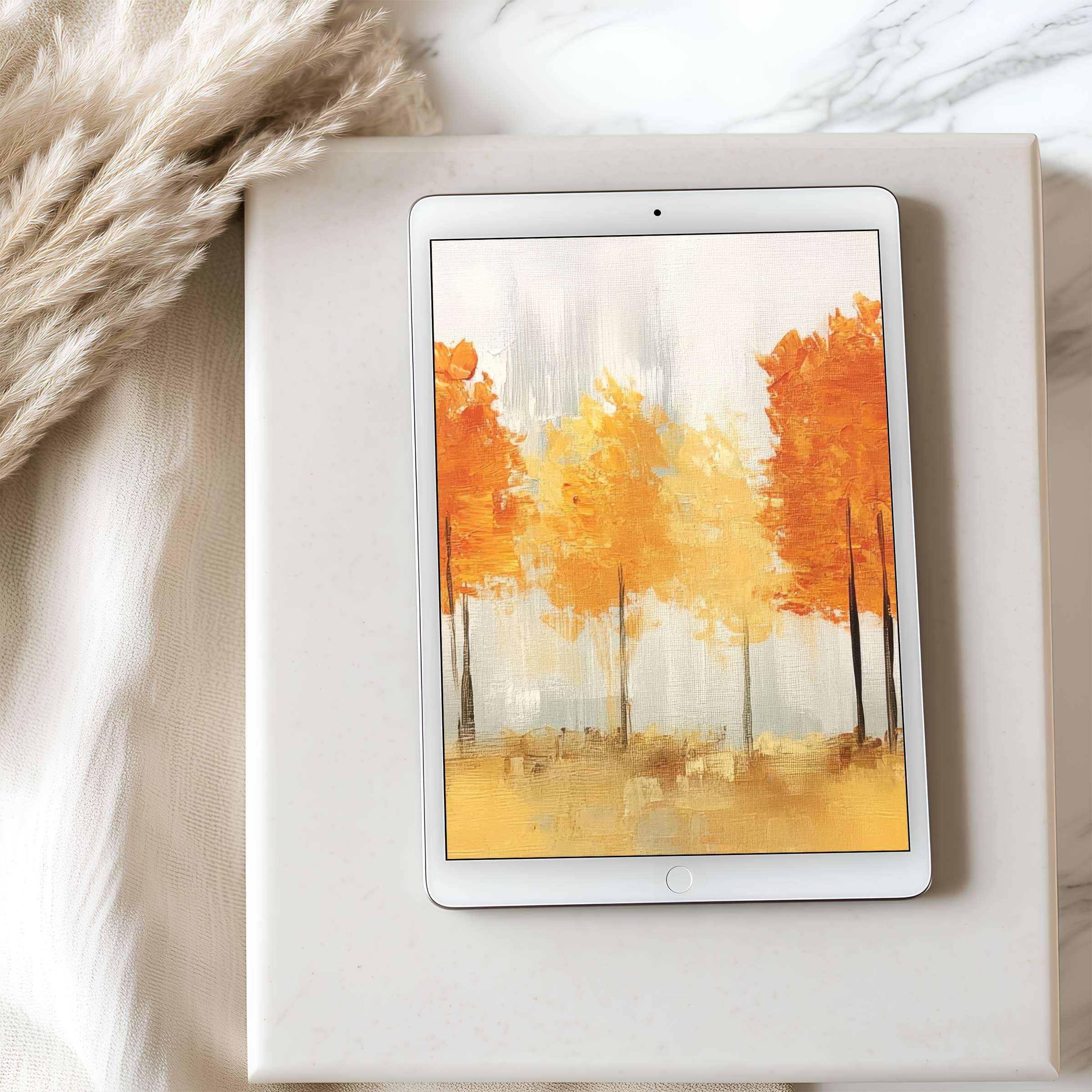 Elegant tablet wallpaper featuring vibrant autumn trees in warm hues, ideal for iPad or Android High resolution digital download enhancing serenity