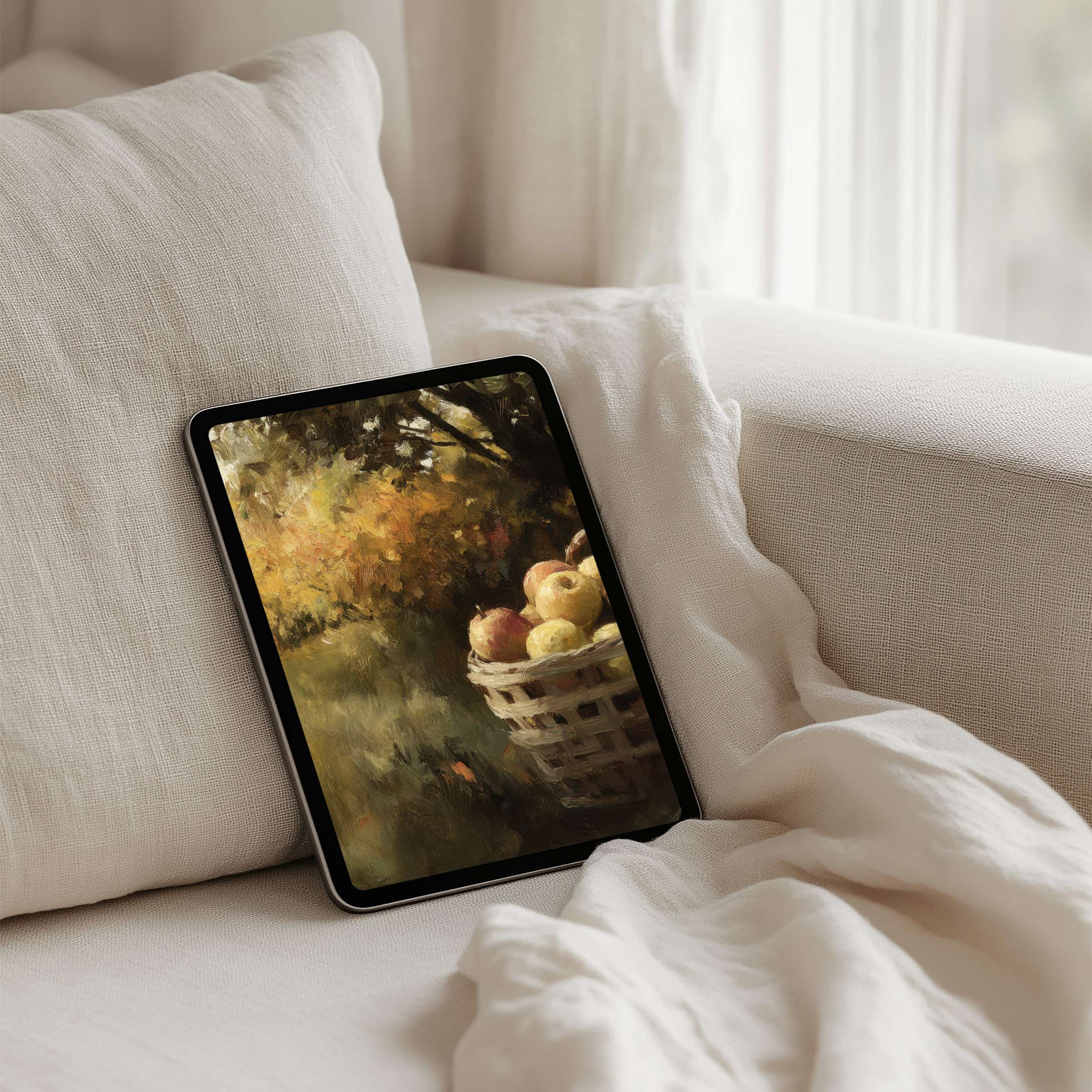 Elegant iPad background with a serene basket of apples painting offers instant download for any tablet, inspiring calm and mindfulness