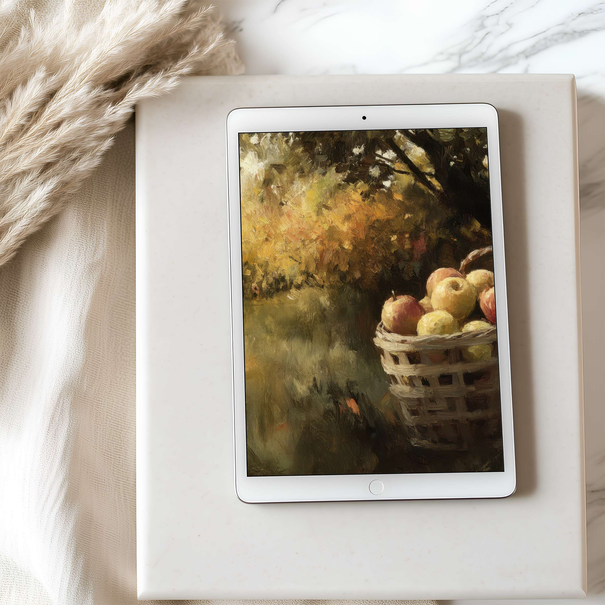 Elegant tablet wallpaper featuring an impressionist apple basket scene in warm tones offers high resolution for iPad and Android tablets