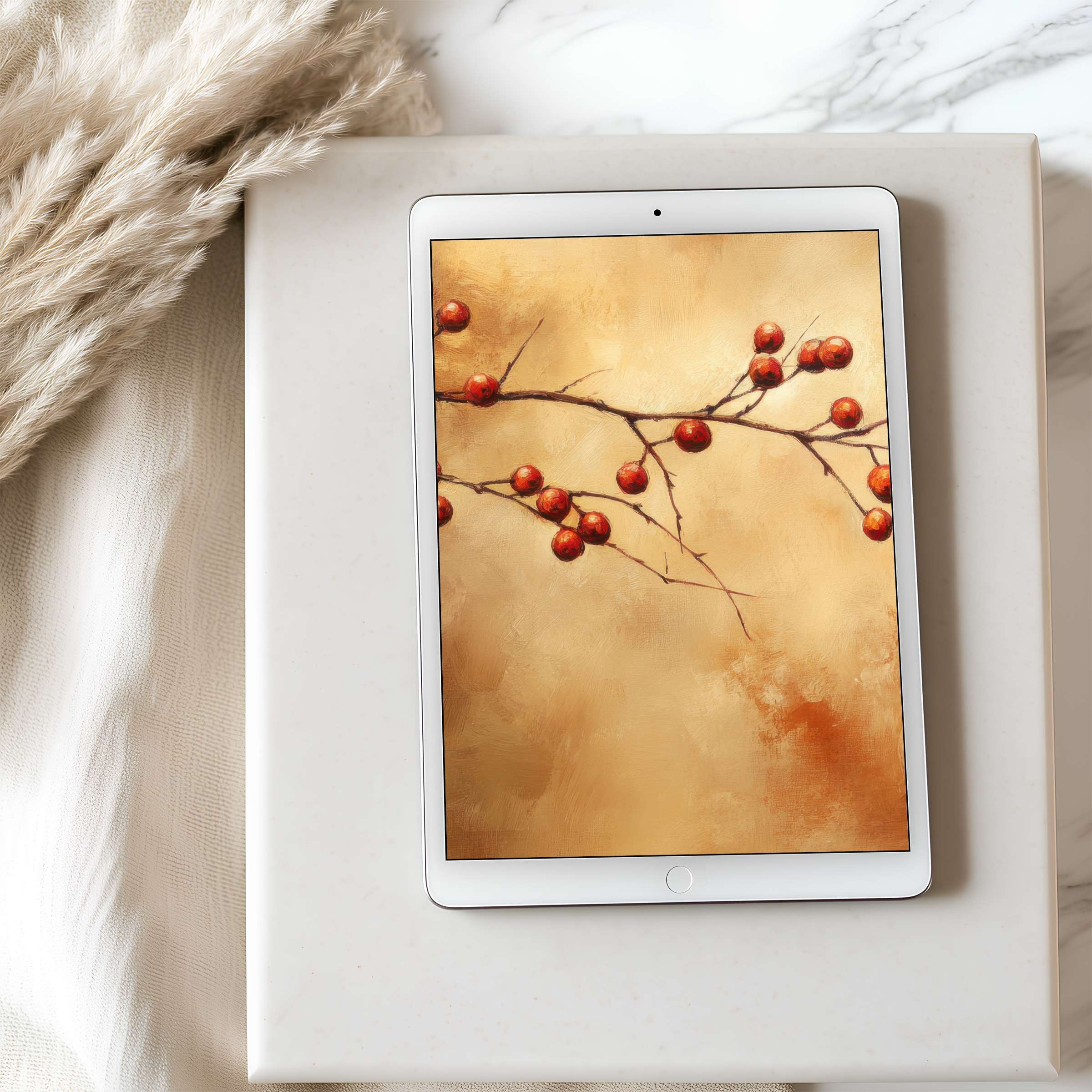 Elegant digital art with red berries on a branch, perfect tablet wallpaper for iPad, high resolution download for serene decor