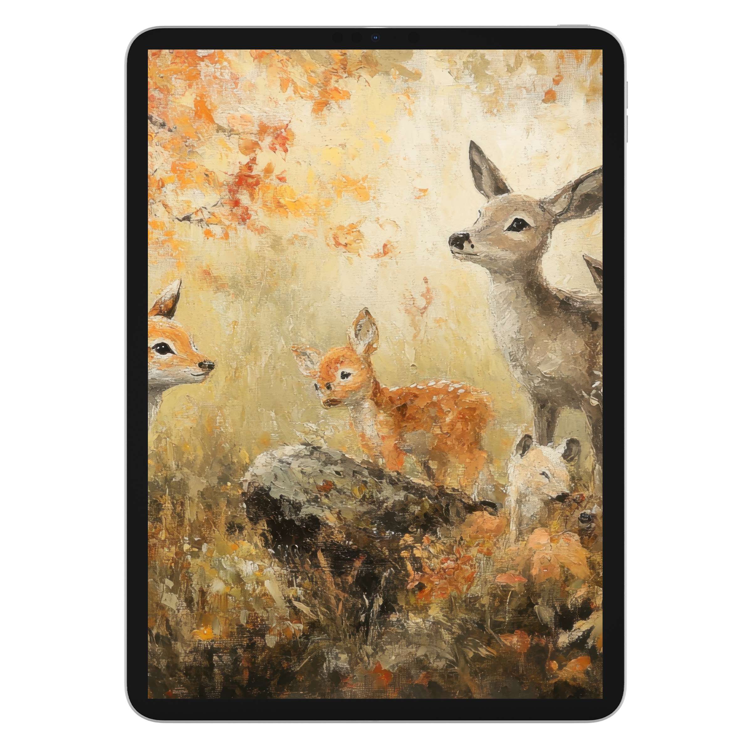 Elegant fall iPad wallpaper digital download with deer in vibrant autumn forest painted style, ideal background for any tablet user