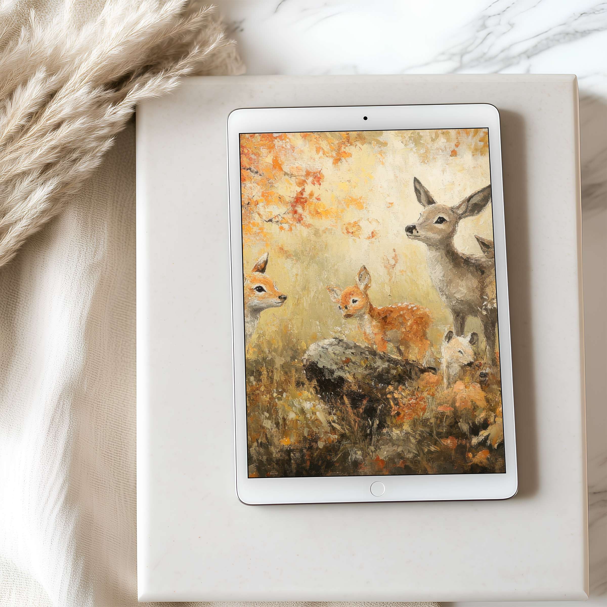 Tranquil art of deer in autumn forest on tablet wallpaper, perfect for iPad, offering a curated, serene digital download experience