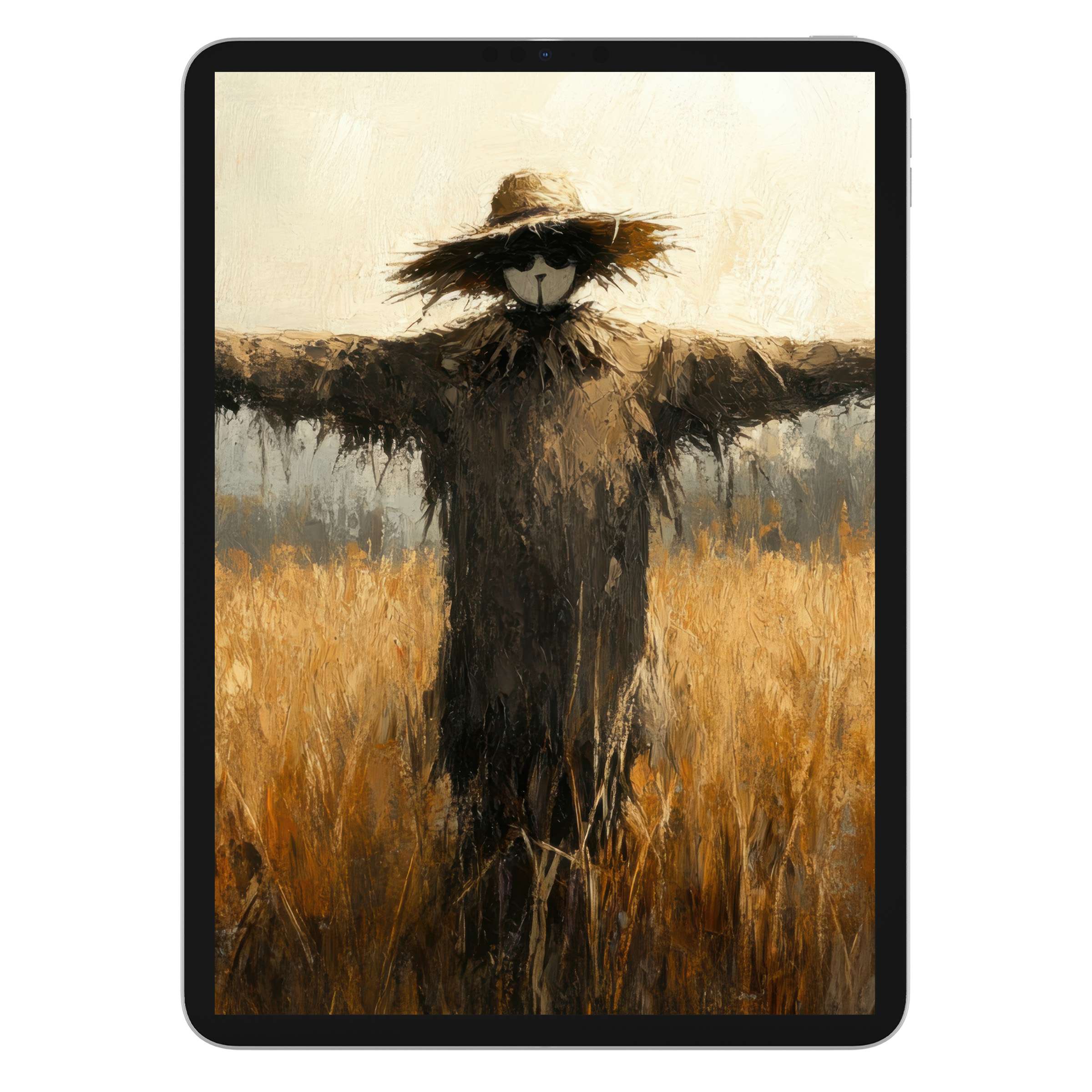 Fall iPad wallpaper featuring a serene scarecrow in a golden field painting background for tablet digital download calming upgrade