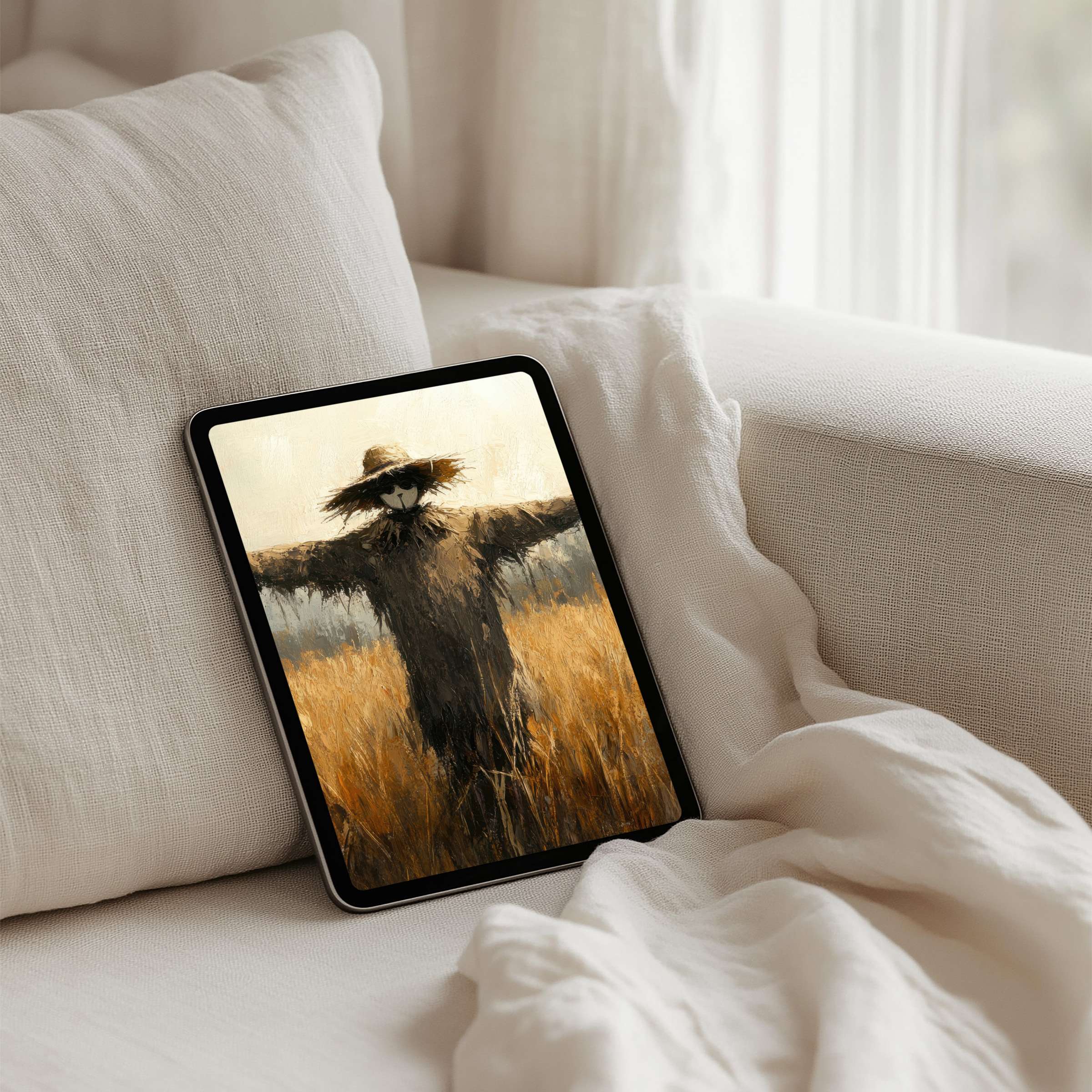 Cozy scarecrow scene evokes mindfulness and elegance, perfect iPad background for instant download on any tablet device