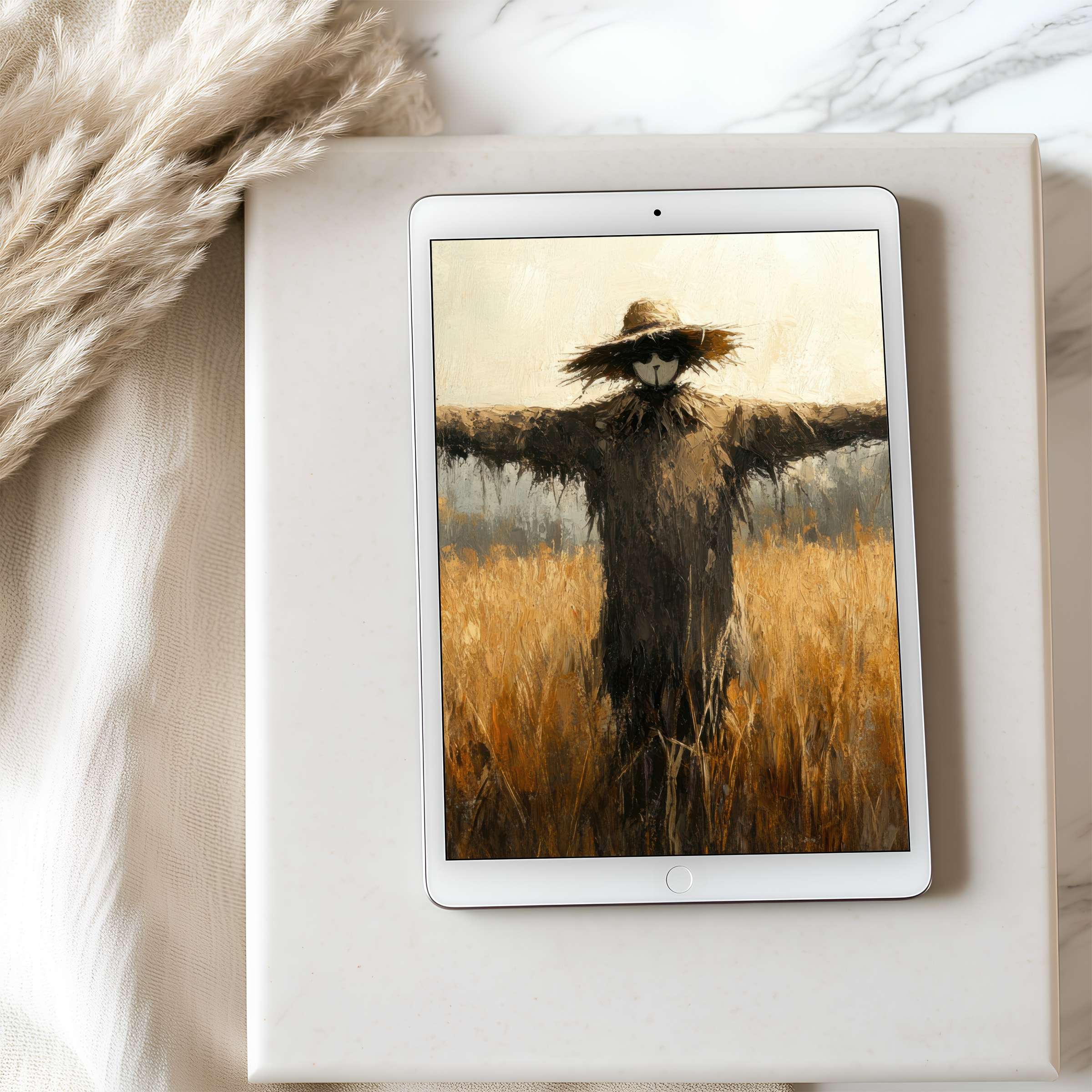 Elegant scarecrow tablet wallpaper with earthy tones and rustic charm, perfect for high-resolution iPad or Android download