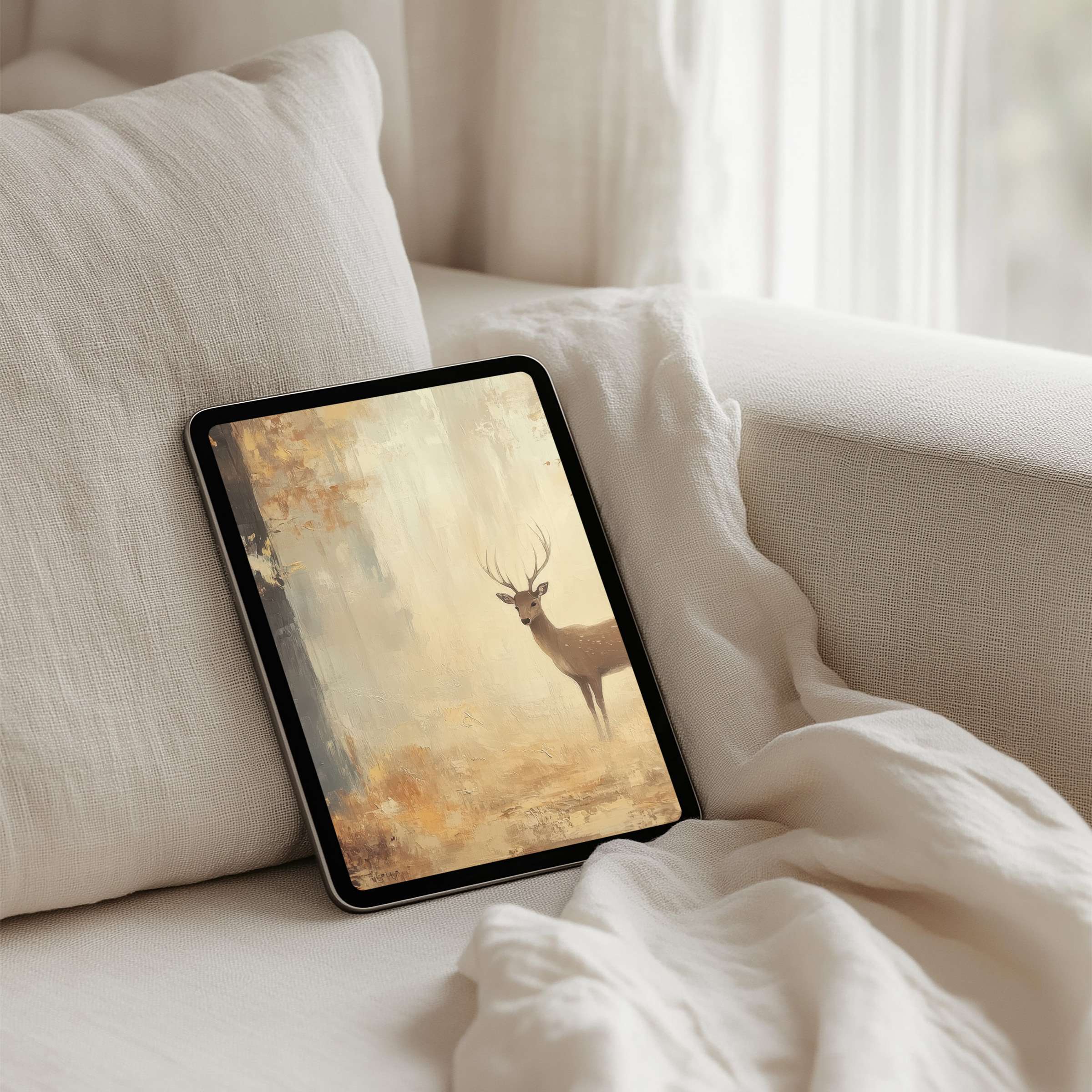 Serene deer painting iPad background offers instant download for stylish, calming tablet decor, inspiring mindfulness and elegance