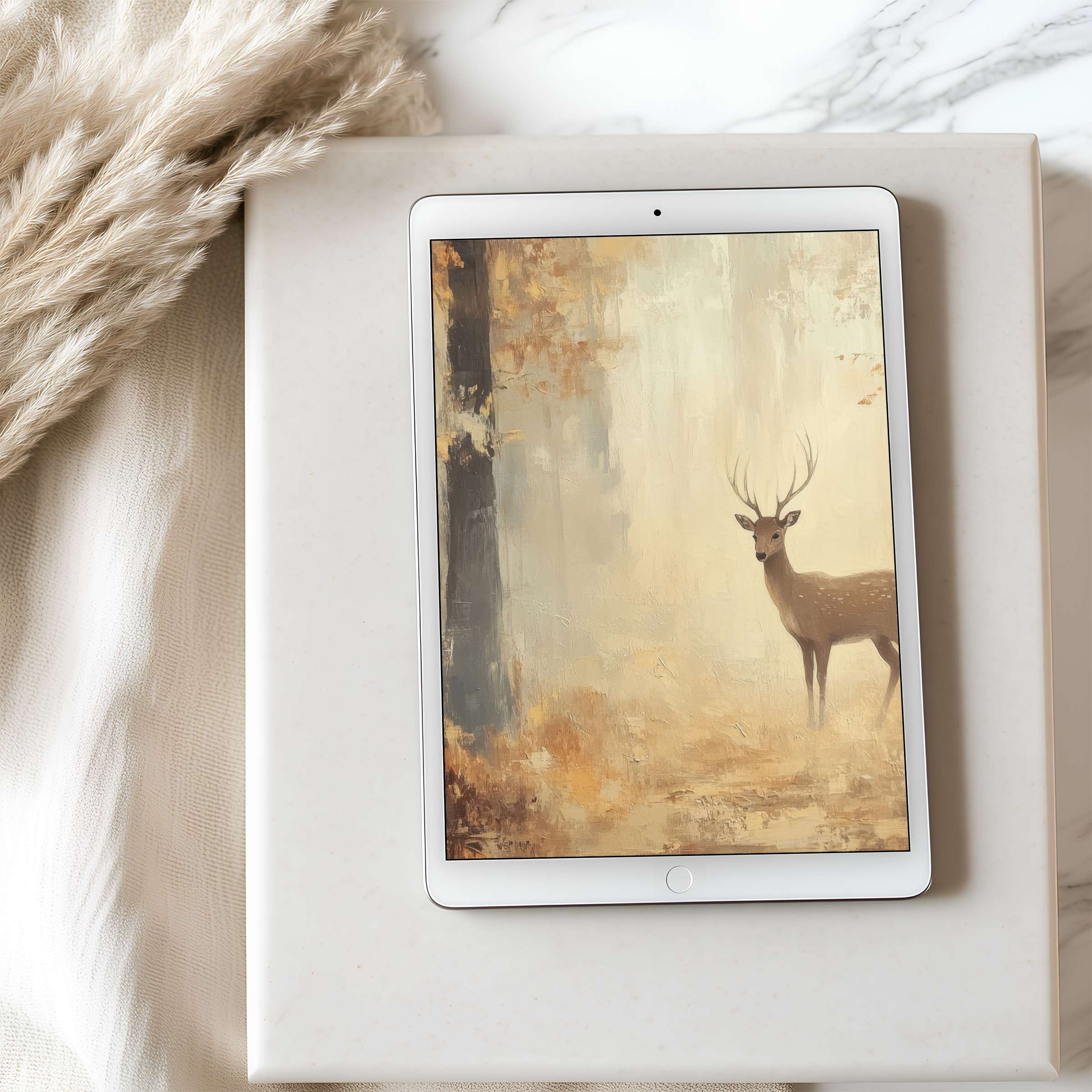 Elegant tablet wallpaper featuring a serene deer in muted forest tones, perfect high-resolution art for iPad and Android digital download