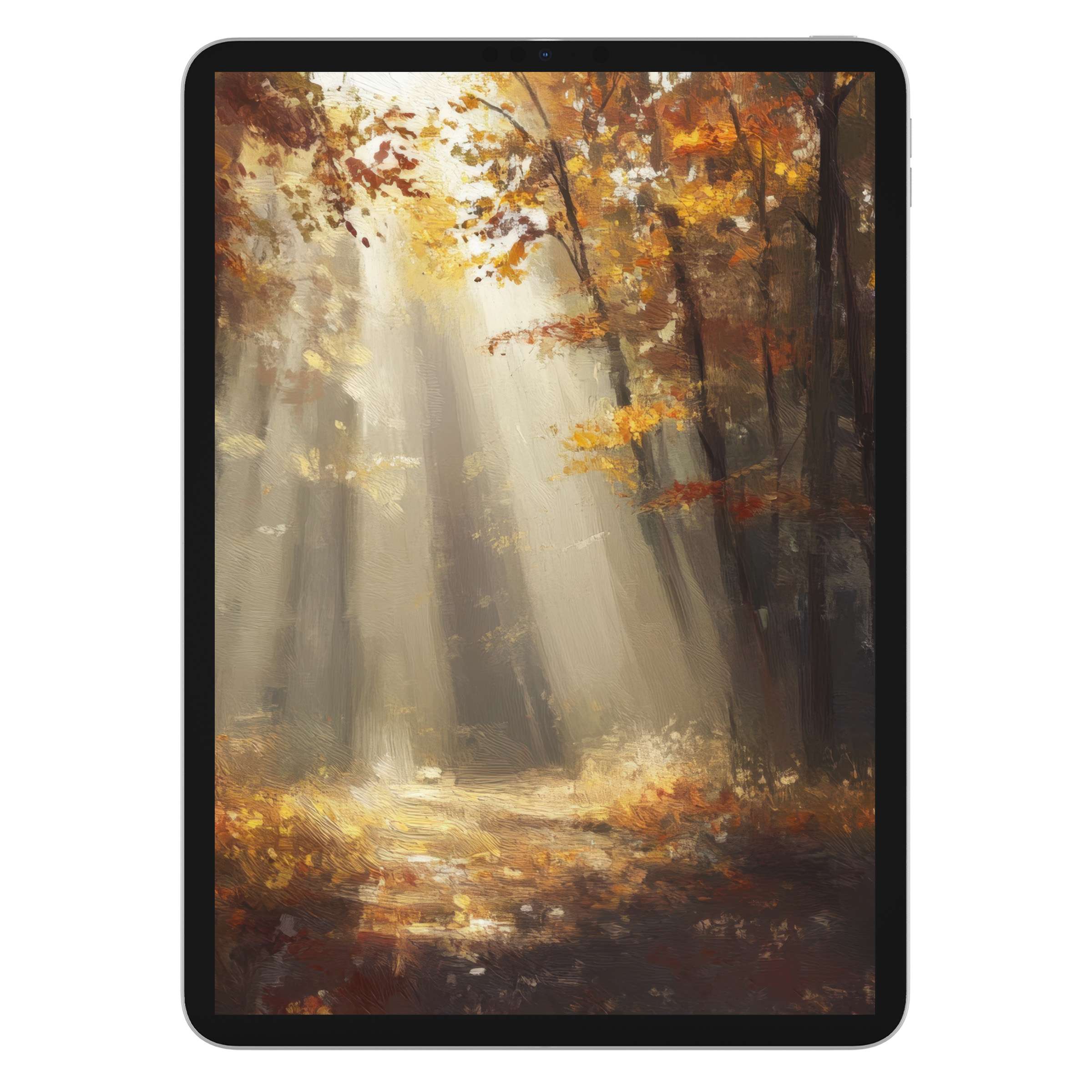 Inspiring fall iPad wallpaper featuring a sunlit forest path, perfect for tablet background digital download, offering tranquility and beauty