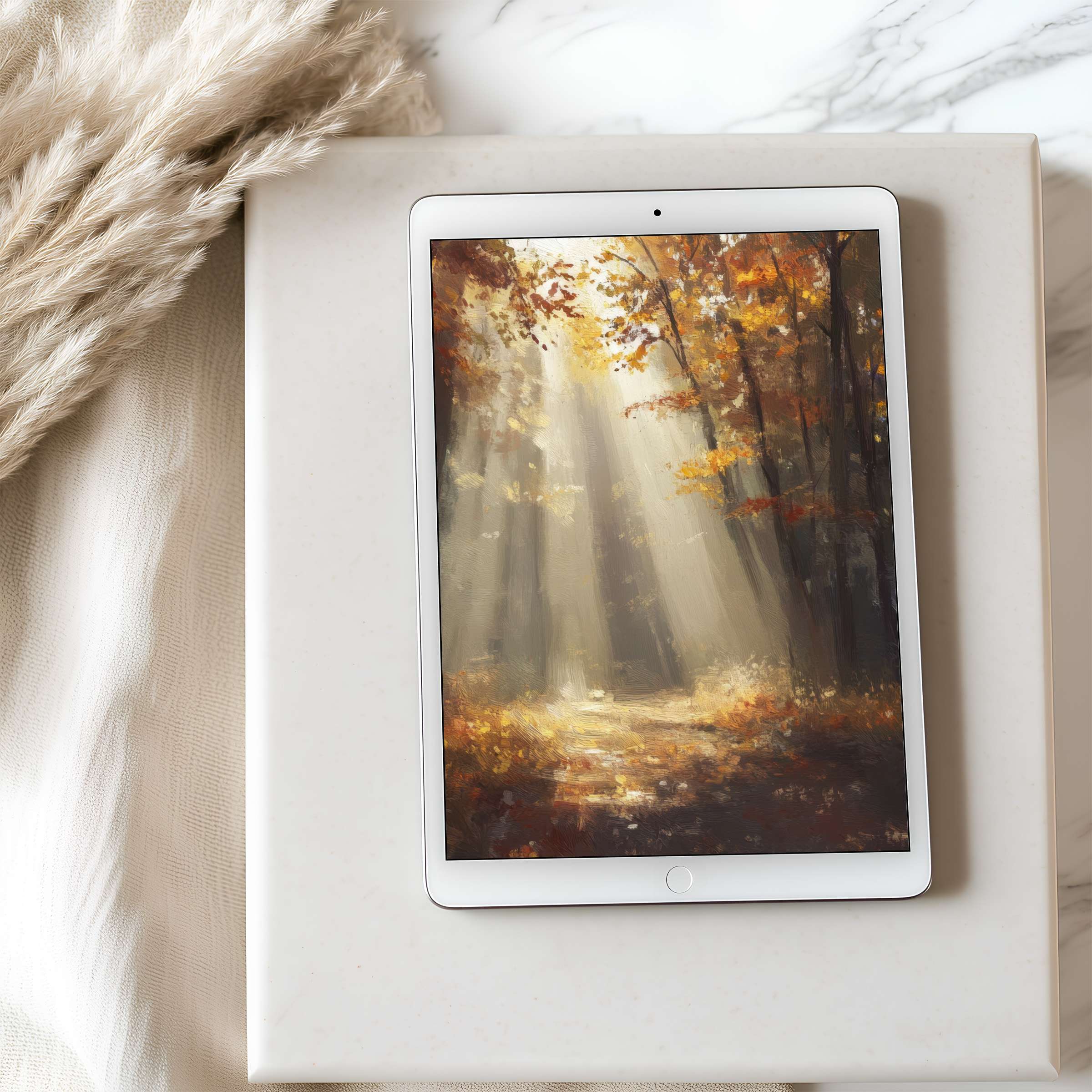 Elegant tablet wallpaper featuring a serene autumn forest scene in high resolution, perfect for iPad and Android digital download