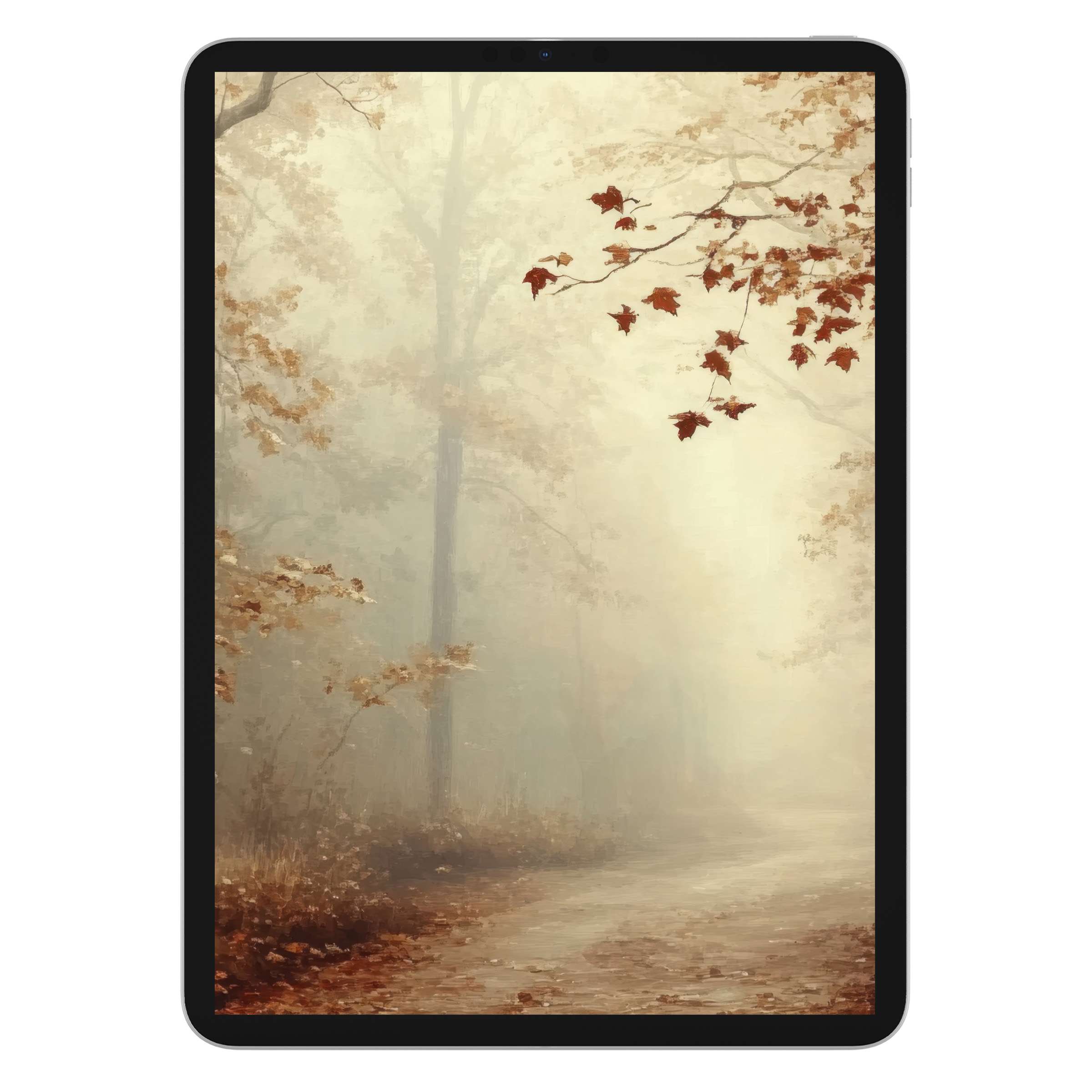 Serene fall iPad wallpaper featuring misty autumn forest with earthy tones, perfect digital download for tablet background tranquility