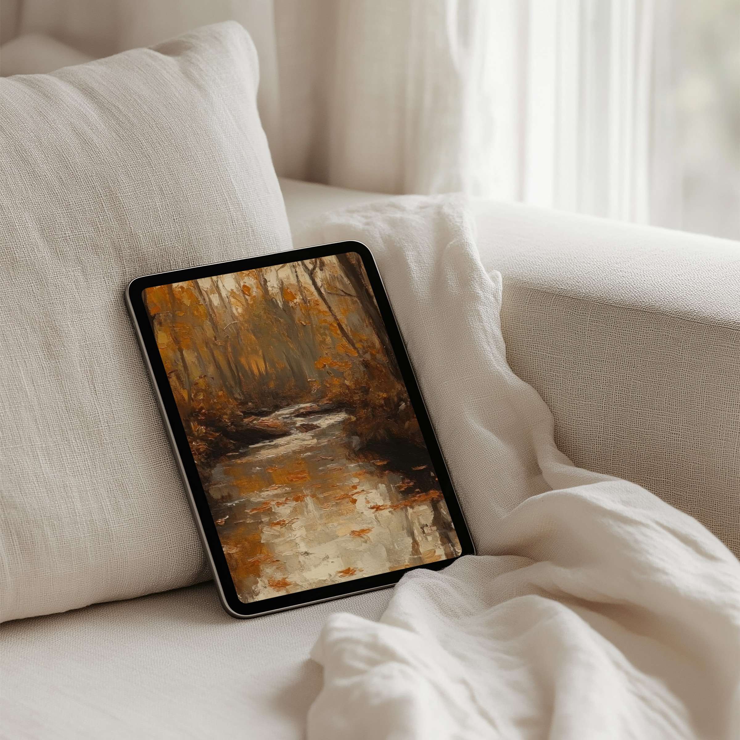 Warm autumnal forest scene for iPad background inspires calm, perfect for any tablet, enjoy instant download elegance and mindfulness