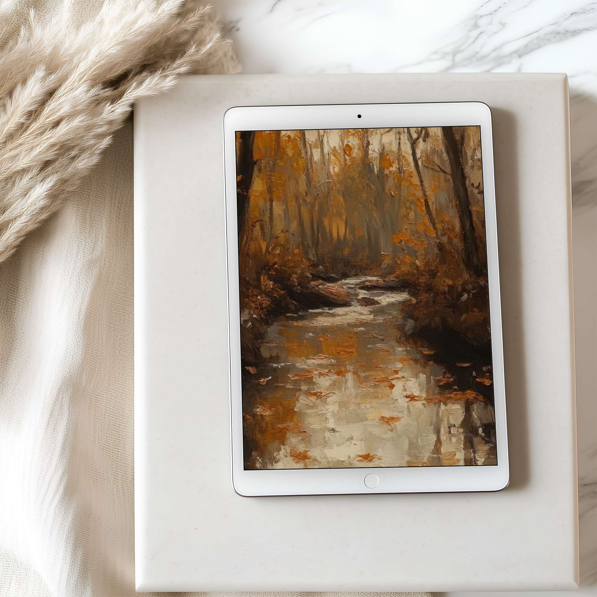 Warm autumn forest stream painting as tablet wallpaper for iPad offers serene elegance high resolution download for design lovers