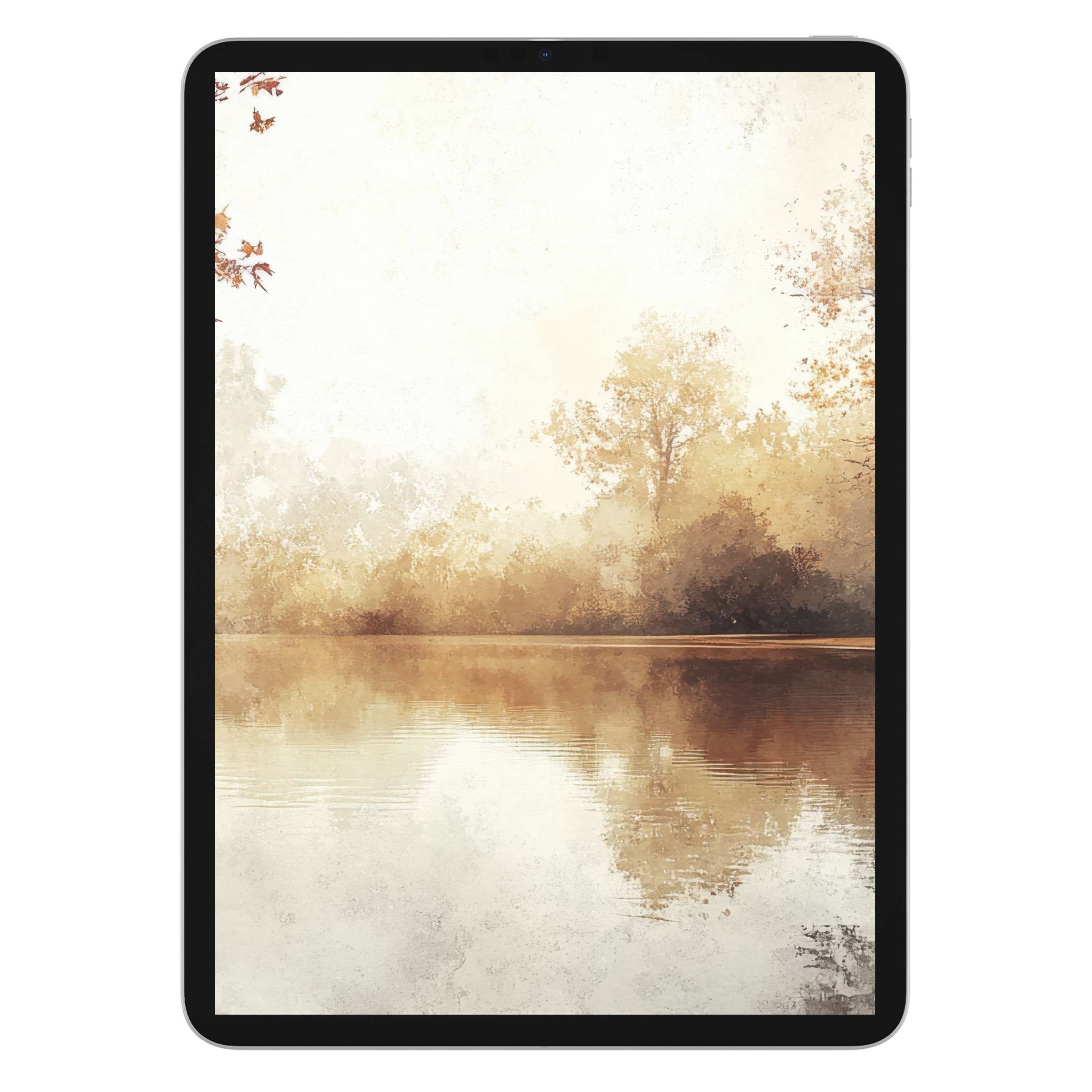 Elegant fall iPad wallpaper featuring serene autumn lake reflection for tablet background digital download ambient aesthetic tranquility