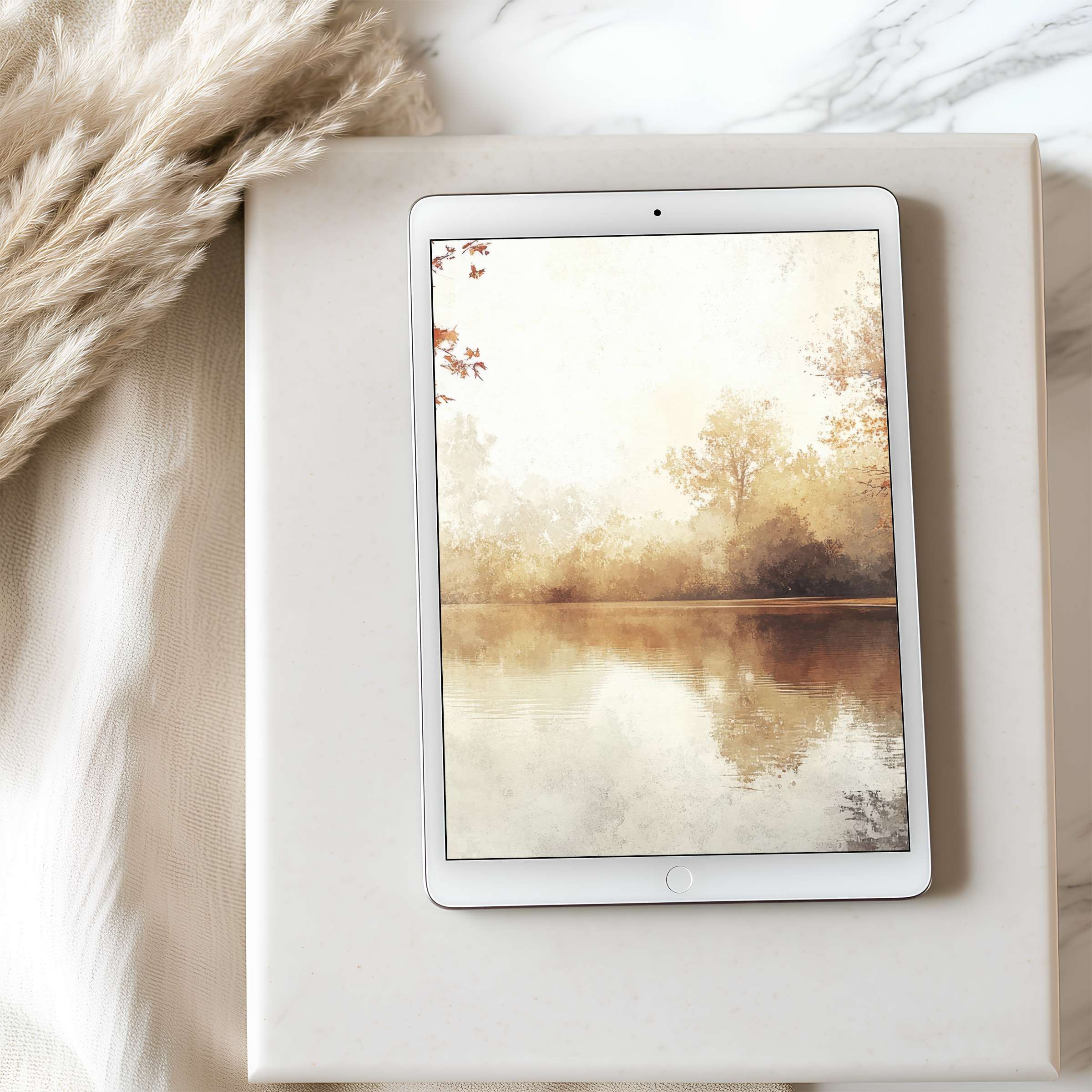 Elegant tablet wallpaper showcasing serene watercolor landscape, reflecting tranquility, perfect for iPad and Android high resolution, digital download