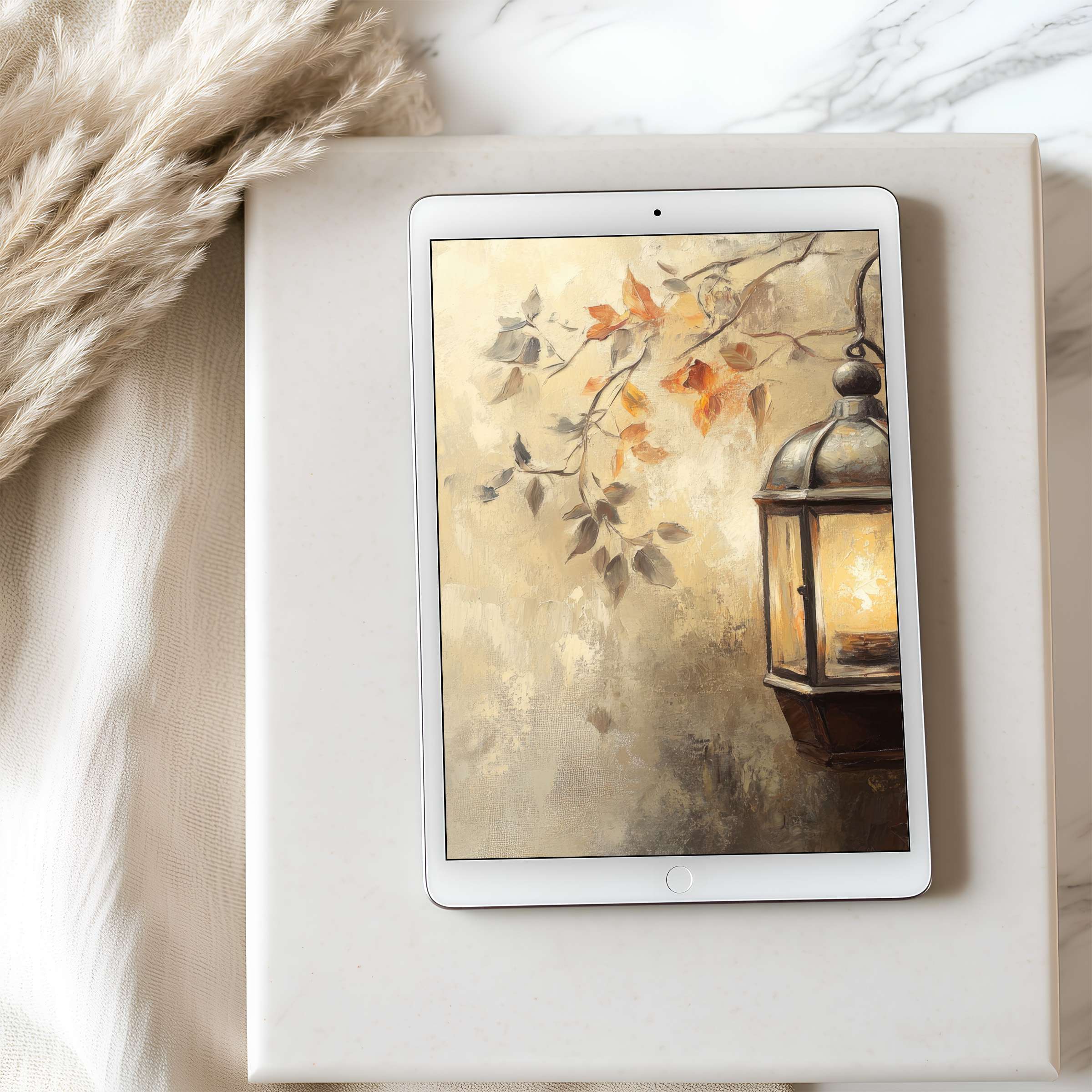 Elegant autumn-themed tablet wallpaper with warm earthy tones and a lantern motif, perfect for high resolution iPad download
