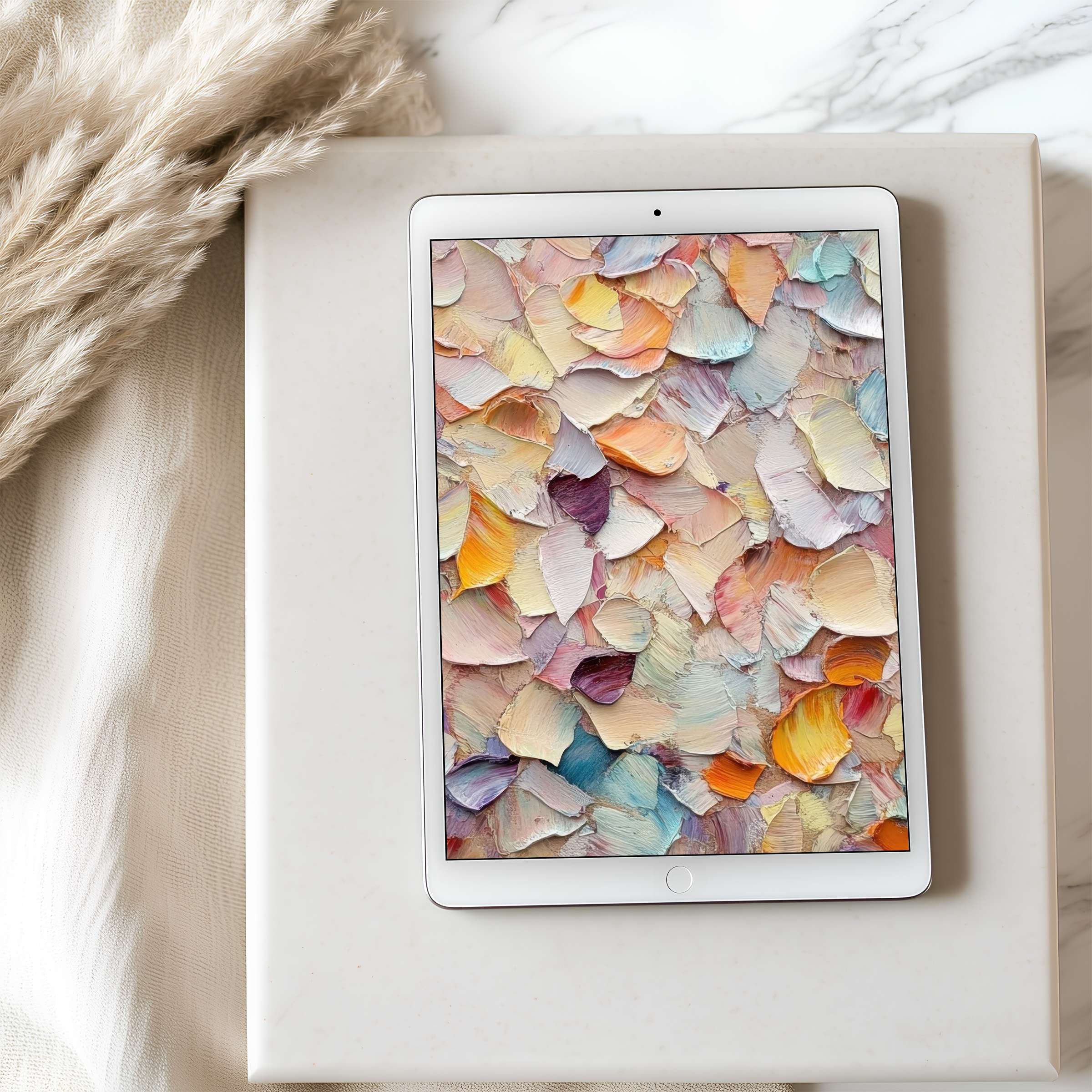 Elegant tablet wallpaper with pastel paint textures inspires calm in a high resolution digital download for iPad and Android tablets