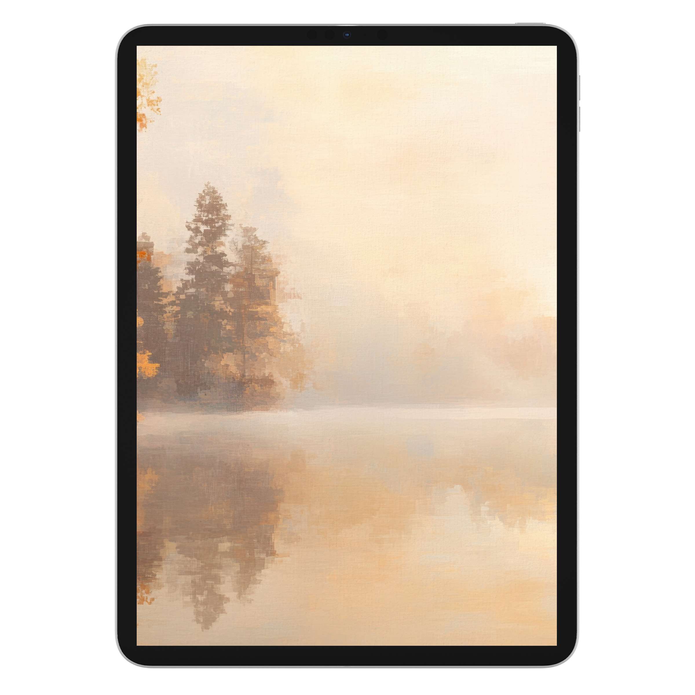 Tranquil fall iPad wallpaper featuring serene misty lake with warm autumn hues, perfect digital download for tablet background tranquility
