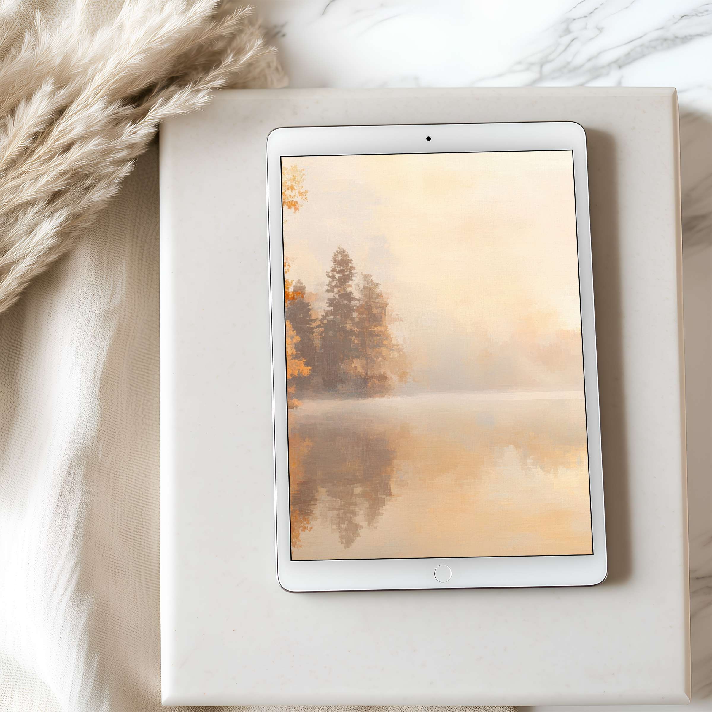 Elegant autumn landscape tablet wallpaper in warm tones, ideal for iPad or Android, inspiring serene and sustainable interiors
