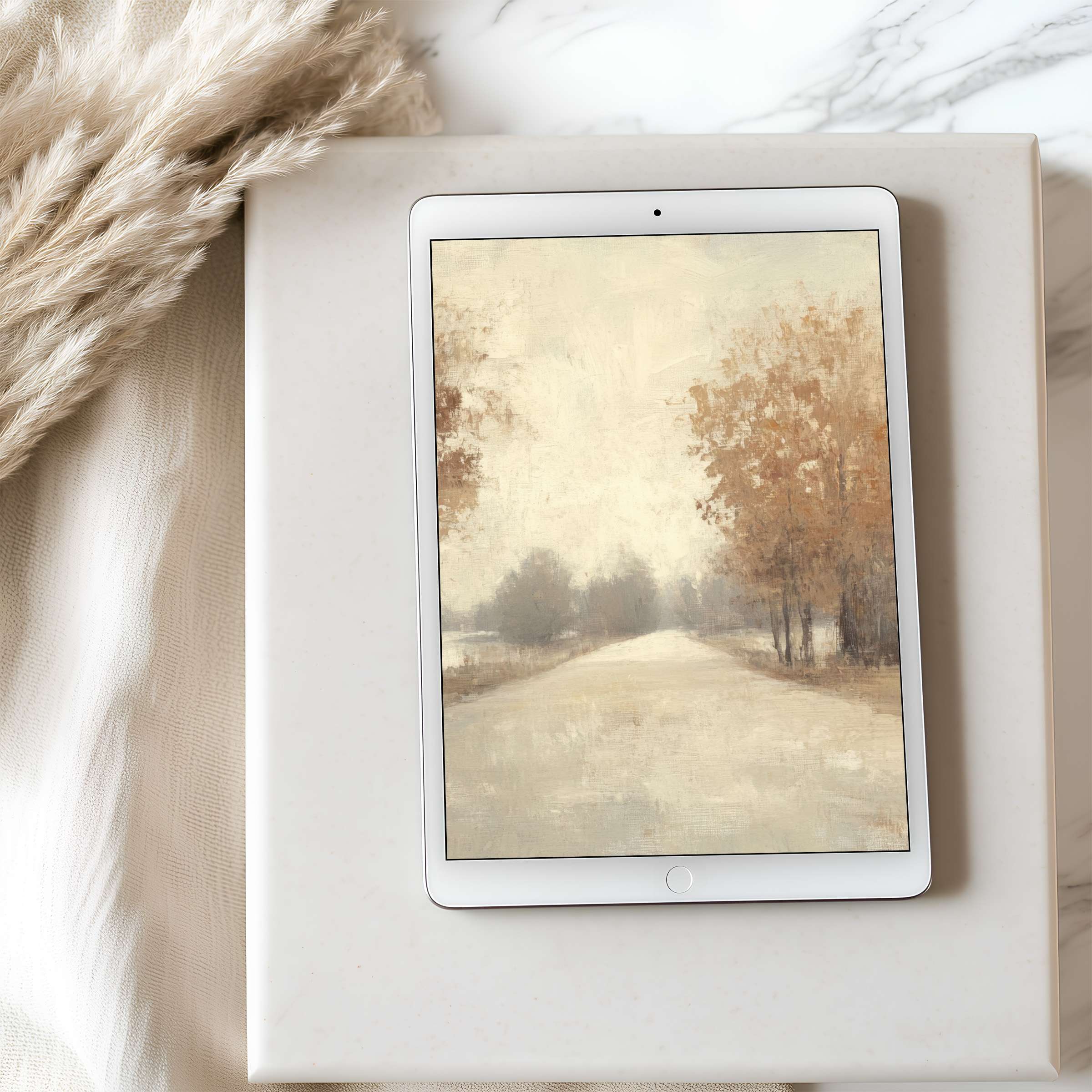 Serene autumn pathway digital art for tablet wallpaper in soothing earth tones ideal for iPad download and aesthetic tranquility