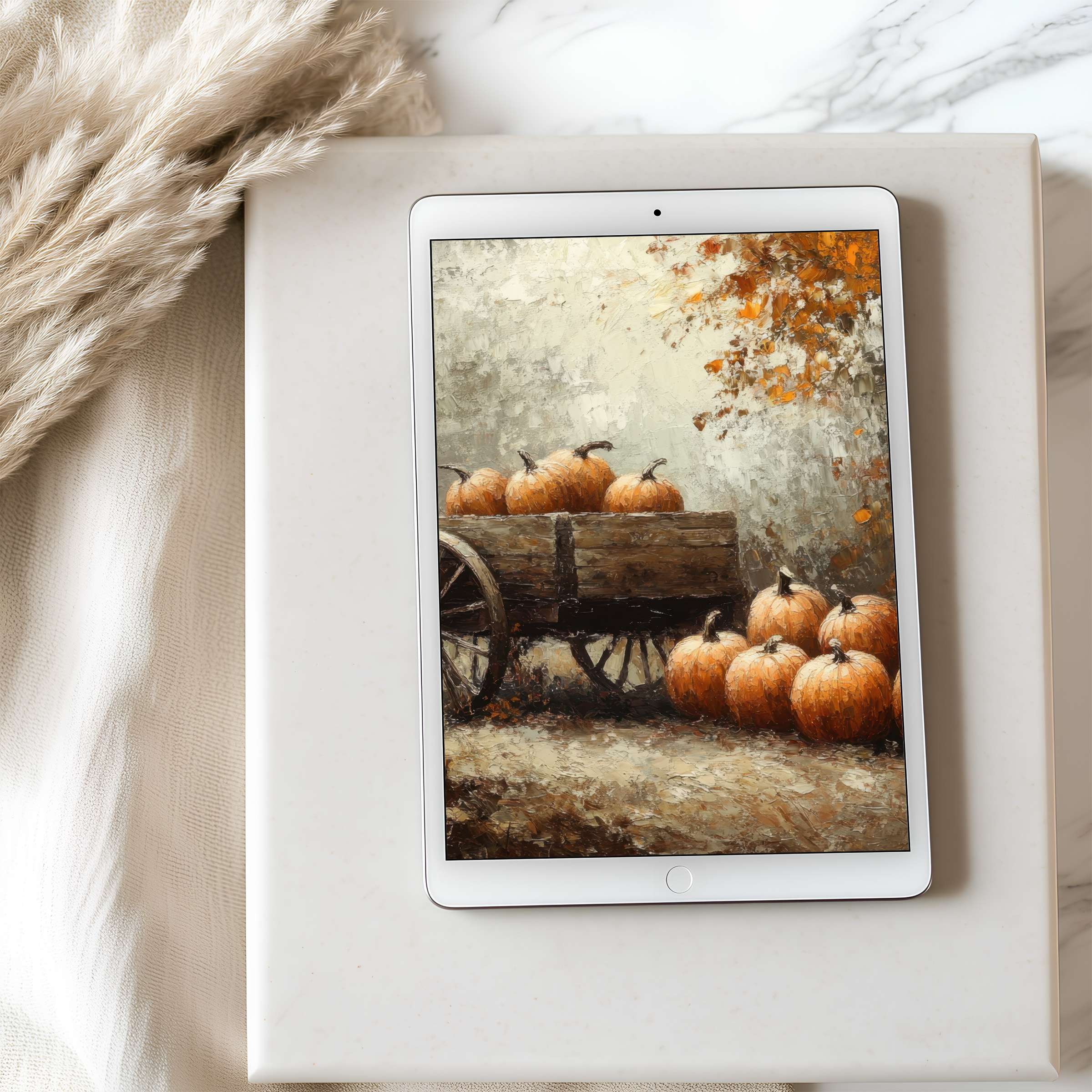 Elegant tablet wallpaper featuring a rustic autumn scene with pumpkins in a wagon, perfect for high-resolution iPad or Android download