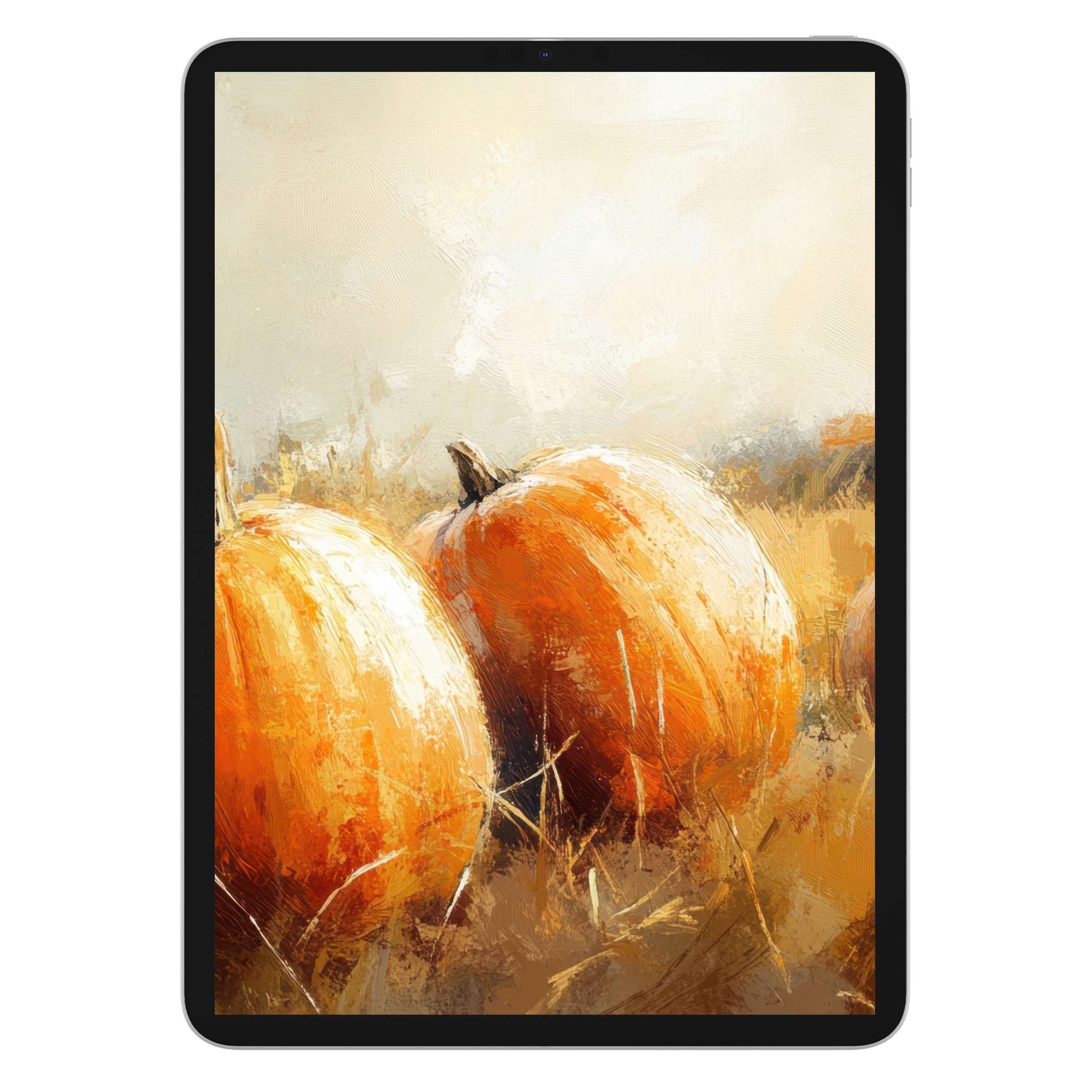 Elegant fall iPad wallpaper with warm pumpkins in a textured pastel background perfect for tablet digital download serenity